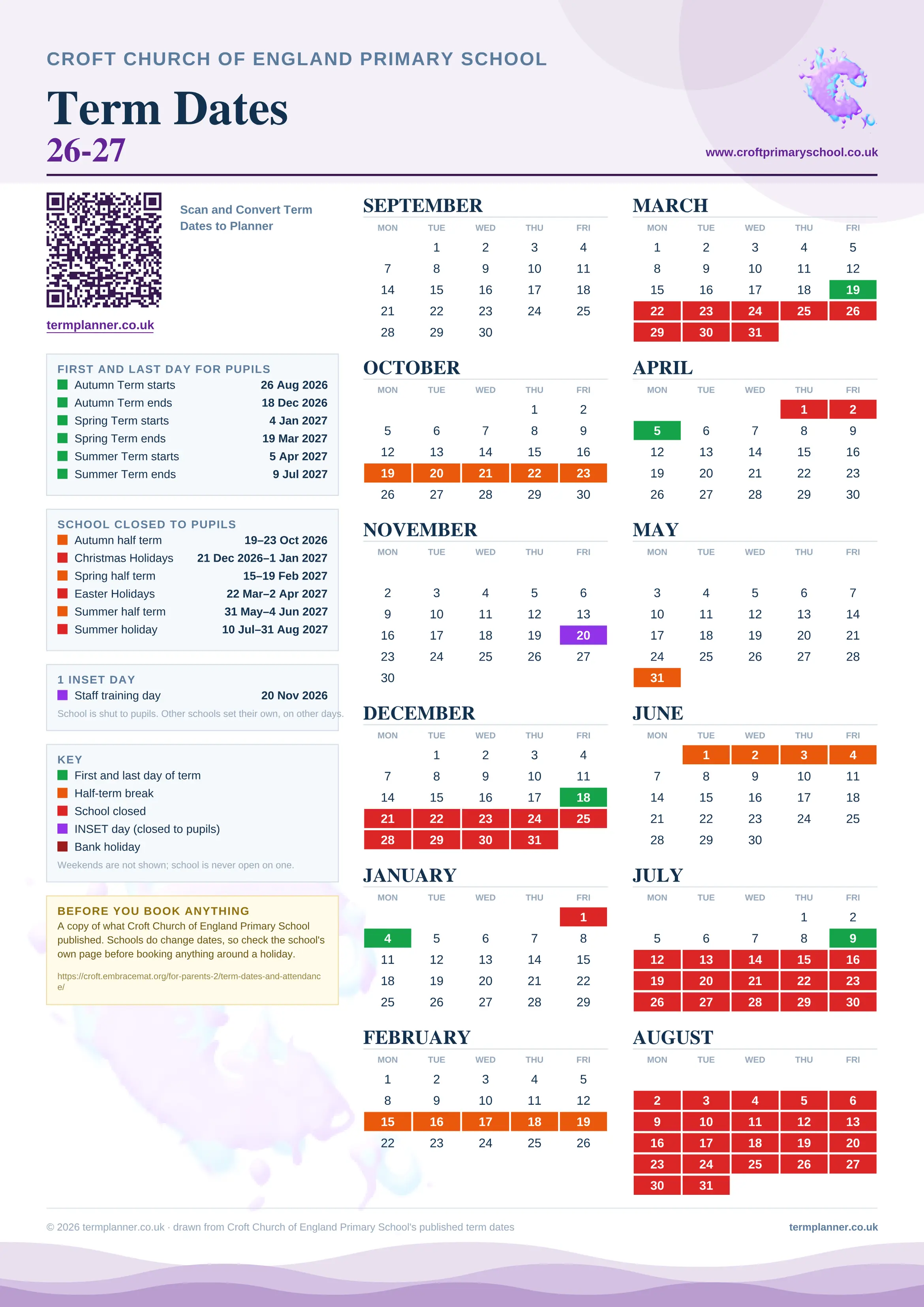Croft Church of England Primary School’s 2026/27 school year drawn as one sheet: twelve month grids from September to August, Monday to Friday, with autumn term 26 August to 18 December 2026, spring term 4 January to 19 March 2027, summer term 5 April to 9 July 2027. Half terms, holidays and bank holidays are filled in colour, the first and last day of each term is marked, 1 INSET day is picked out, and every date is listed again in words down the left.