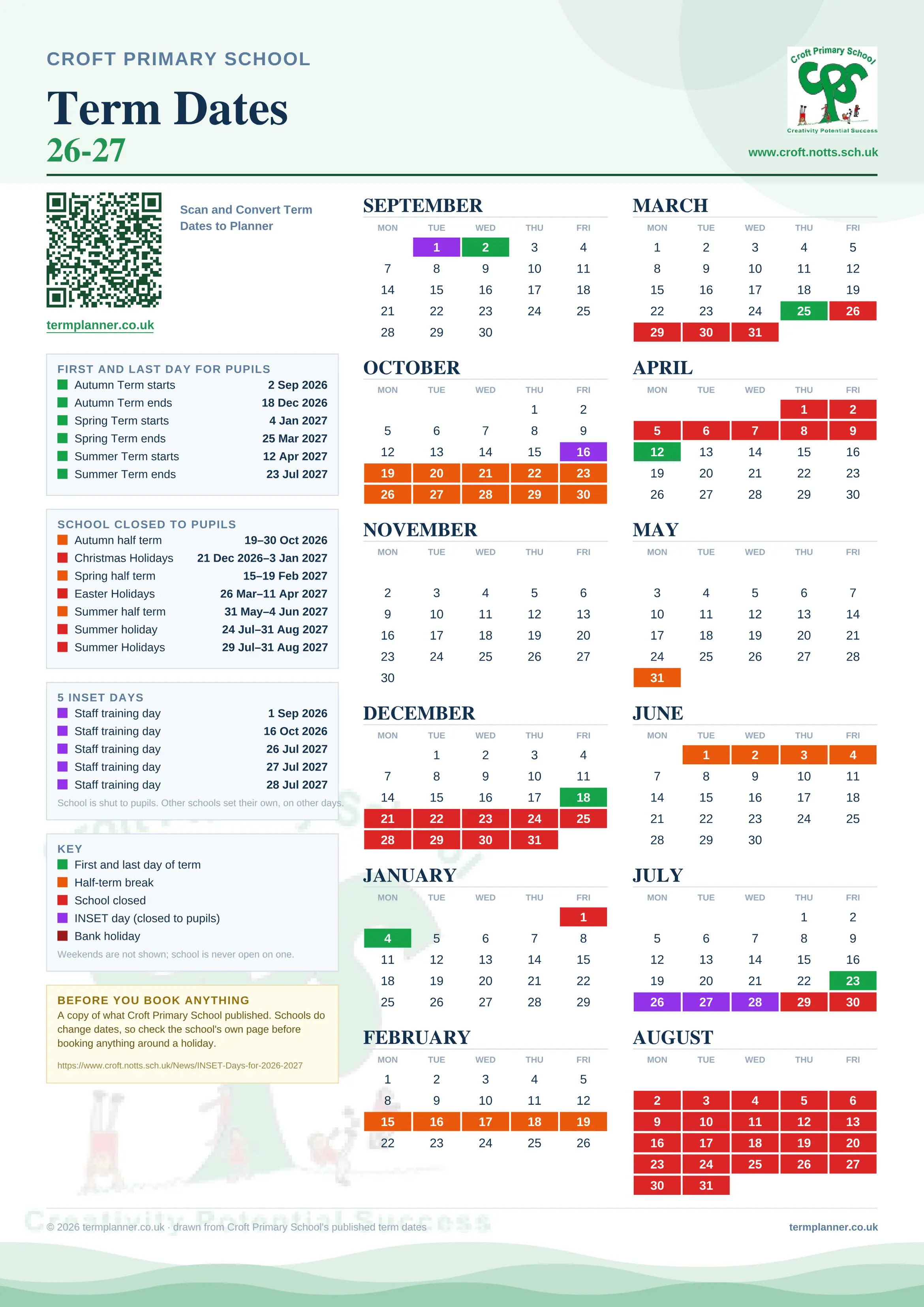 Croft Primary School’s 2026/27 school year drawn as one sheet: twelve month grids from September to August, Monday to Friday, with autumn term 2 September to 18 December 2026, spring term 4 January to 25 March 2027, summer term 12 April to 23 July 2027. Half terms, holidays and bank holidays are filled in colour, the first and last day of each term is marked, 5 INSET days are picked out, and every date is listed again in words down the left.