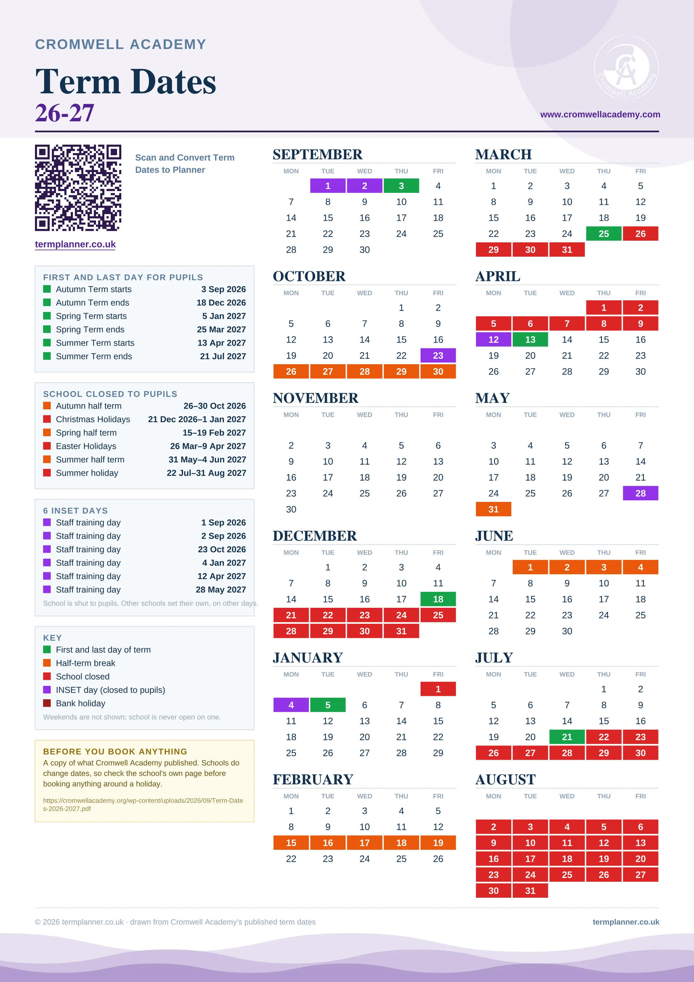 Cromwell Academy’s 2026/27 school year drawn as one sheet: twelve month grids from September to August, Monday to Friday, with autumn term 3 September to 18 December 2026, spring term 5 January to 25 March 2027, summer term 13 April to 21 July 2027. Half terms, holidays and bank holidays are filled in colour, the first and last day of each term is marked, 6 INSET days are picked out, and every date is listed again in words down the left.