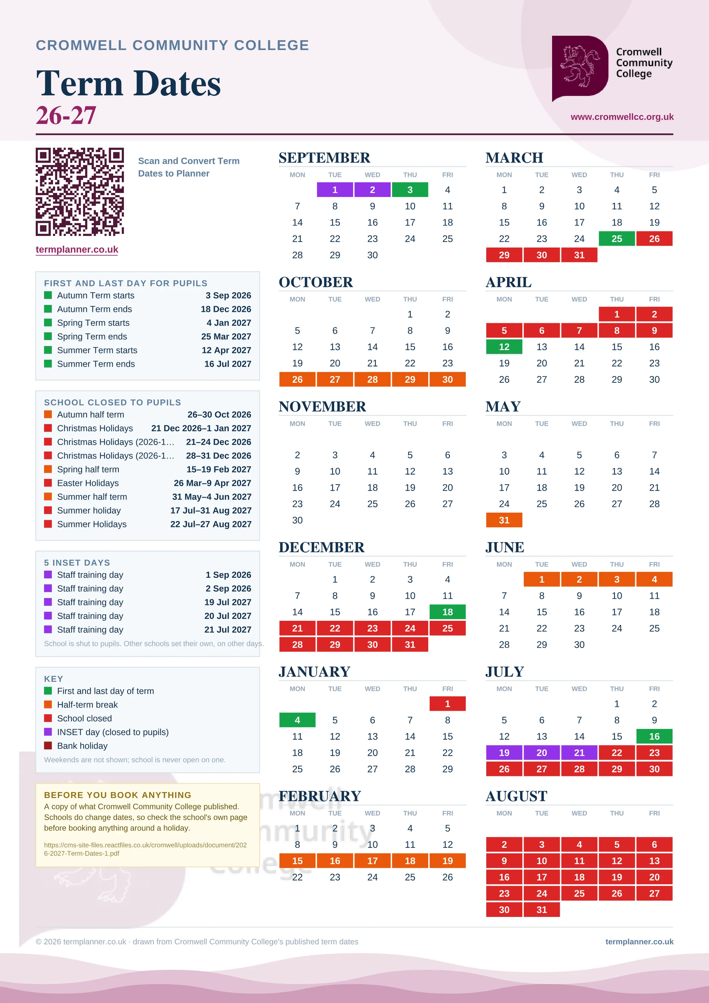Cromwell Community College’s 2026/27 school year drawn as one sheet: twelve month grids from September to August, Monday to Friday, with autumn term 3 September to 18 December 2026, spring term 4 January to 25 March 2027, summer term 12 April to 16 July 2027. Half terms, holidays and bank holidays are filled in colour, the first and last day of each term is marked, 5 INSET days are picked out, and every date is listed again in words down the left.