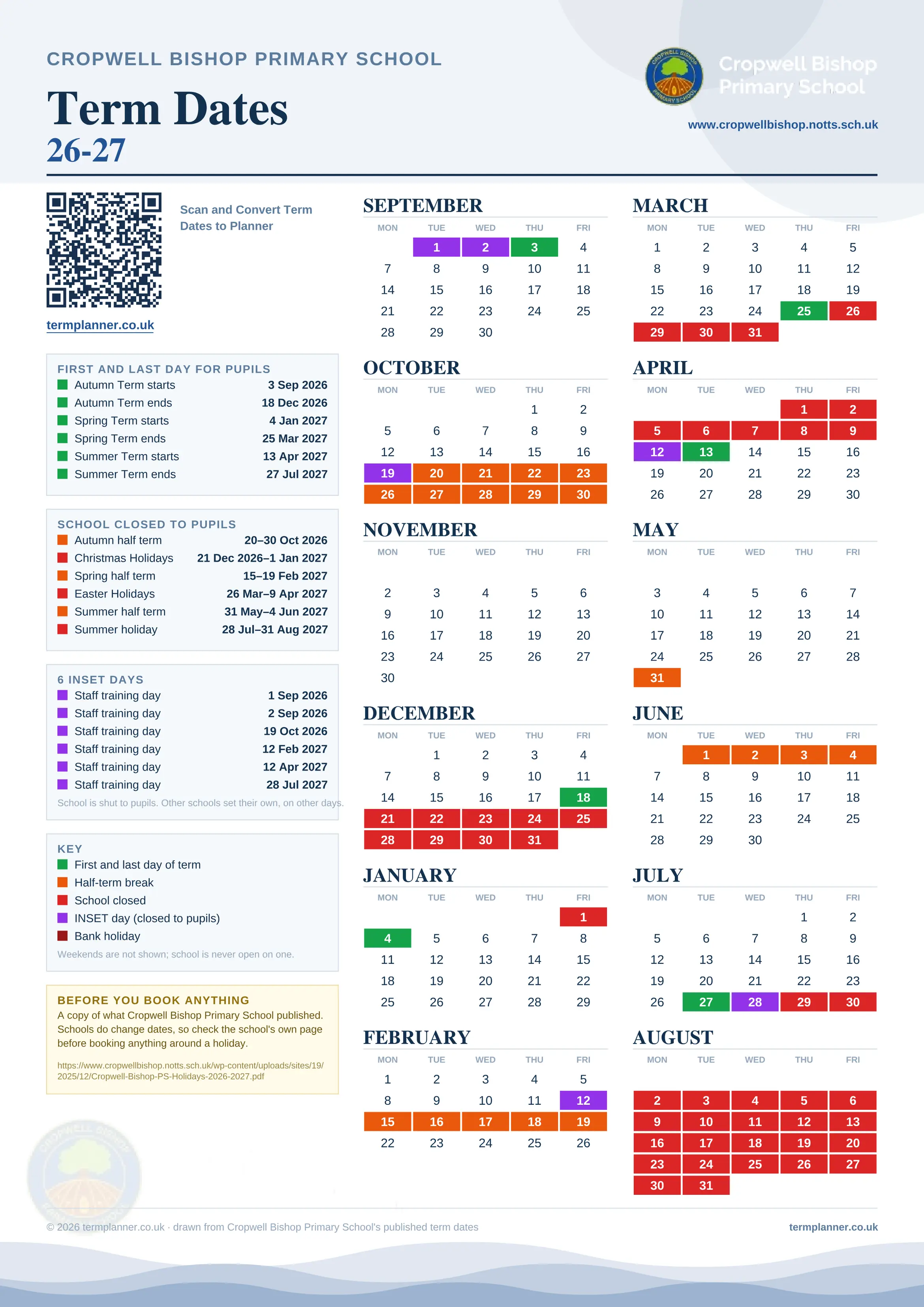 Cropwell Bishop Primary School’s 2026/27 school year drawn as one sheet: twelve month grids from September to August, Monday to Friday, with autumn term 3 September to 18 December 2026, spring term 4 January to 25 March 2027, summer term 13 April to 27 July 2027. Half terms, holidays and bank holidays are filled in colour, the first and last day of each term is marked, 6 INSET days are picked out, and every date is listed again in words down the left.