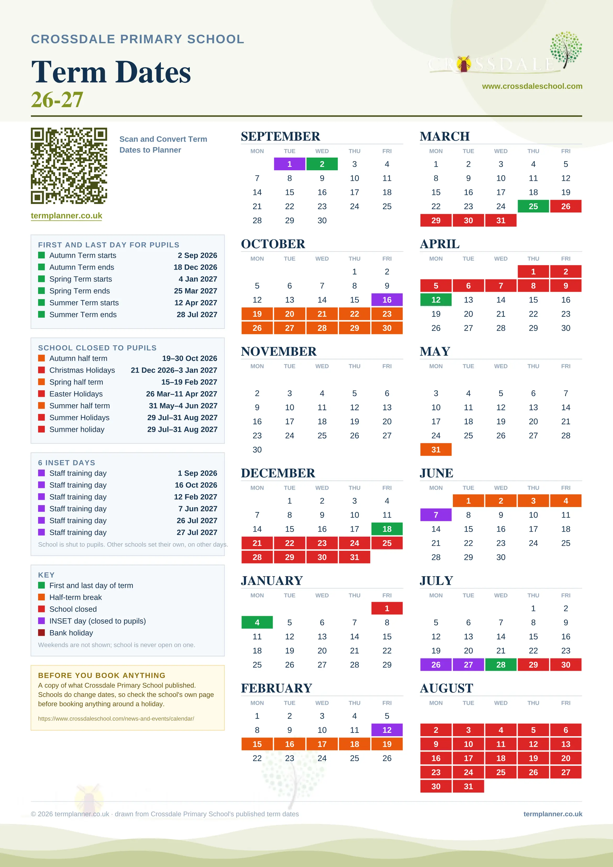Crossdale Primary School’s 2026/27 school year drawn as one sheet: twelve month grids from September to August, Monday to Friday, with autumn term 2 September to 18 December 2026, spring term 4 January to 25 March 2027, summer term 12 April to 28 July 2027. Half terms, holidays and bank holidays are filled in colour, the first and last day of each term is marked, 6 INSET days are picked out, and every date is listed again in words down the left.