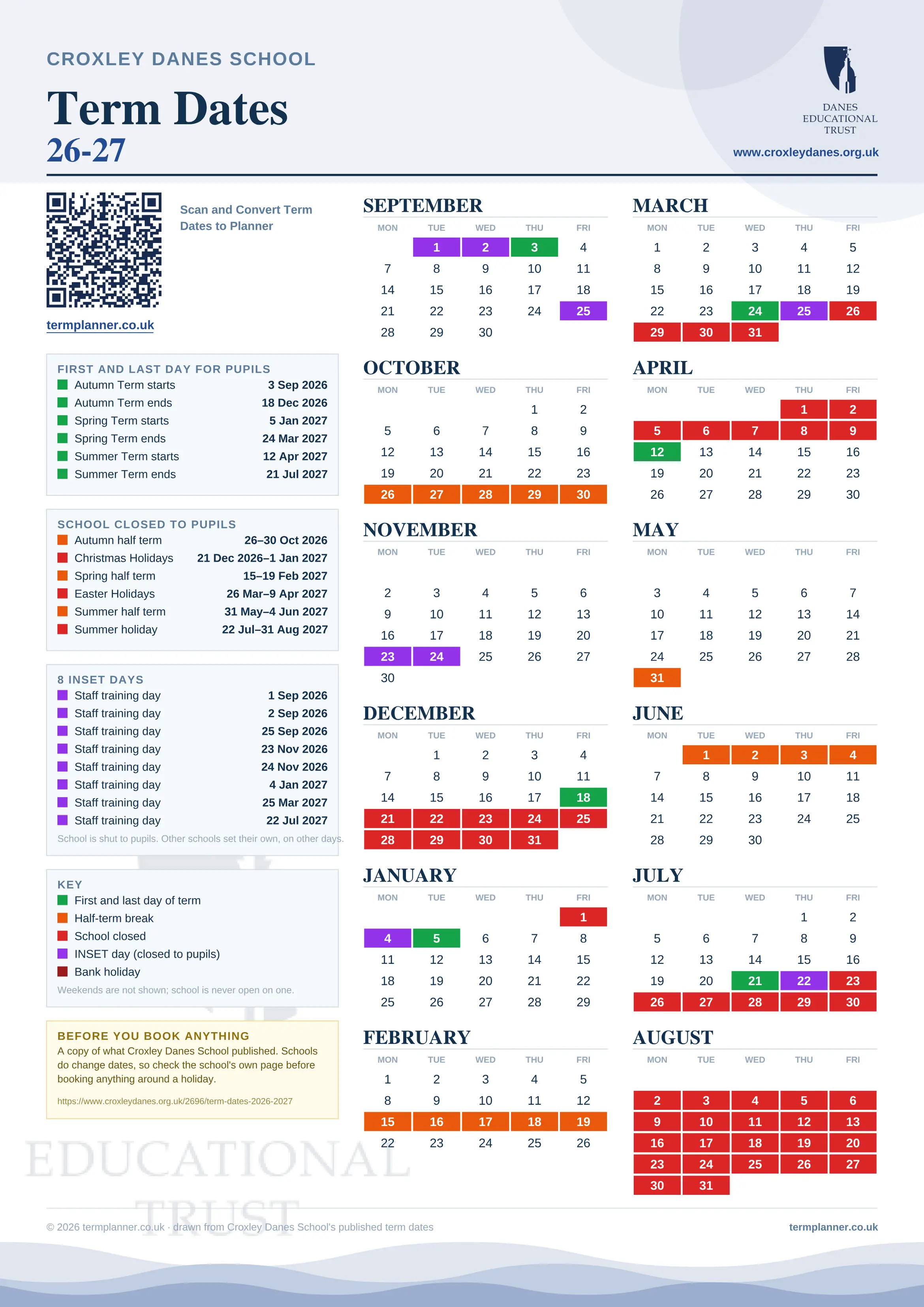 Croxley Danes School’s 2026/27 school year drawn as one sheet: twelve month grids from September to August, Monday to Friday, with autumn term 3 September to 18 December 2026, spring term 5 January to 24 March 2027, summer term 12 April to 21 July 2027. Half terms, holidays and bank holidays are filled in colour, the first and last day of each term is marked, 8 INSET days are picked out, and every date is listed again in words down the left.