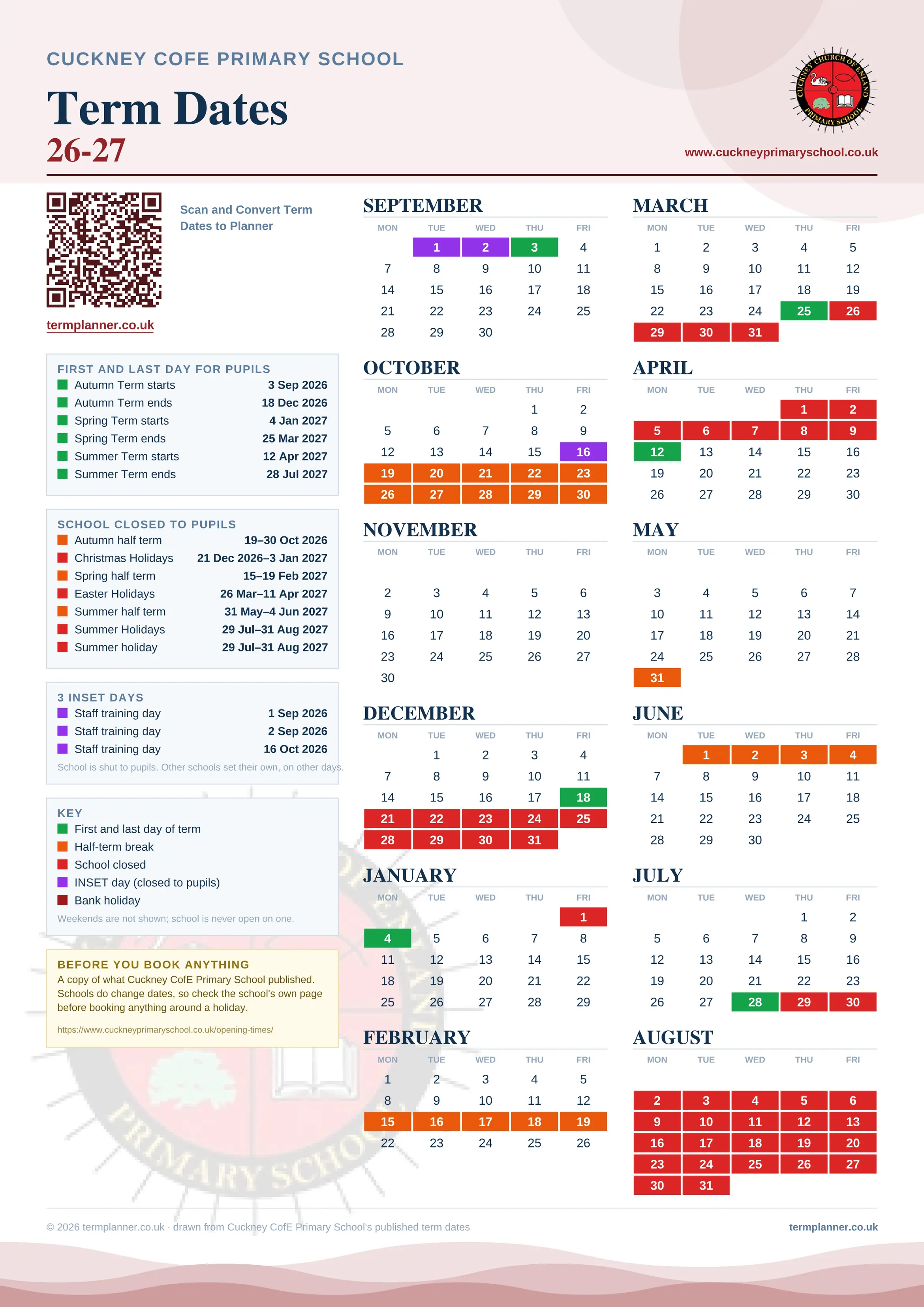 Cuckney CofE Primary School’s 2026/27 school year drawn as one sheet: twelve month grids from September to August, Monday to Friday, with autumn term 3 September to 18 December 2026, spring term 4 January to 25 March 2027, summer term 12 April to 28 July 2027. Half terms, holidays and bank holidays are filled in colour, the first and last day of each term is marked, 3 INSET days are picked out, and every date is listed again in words down the left.
