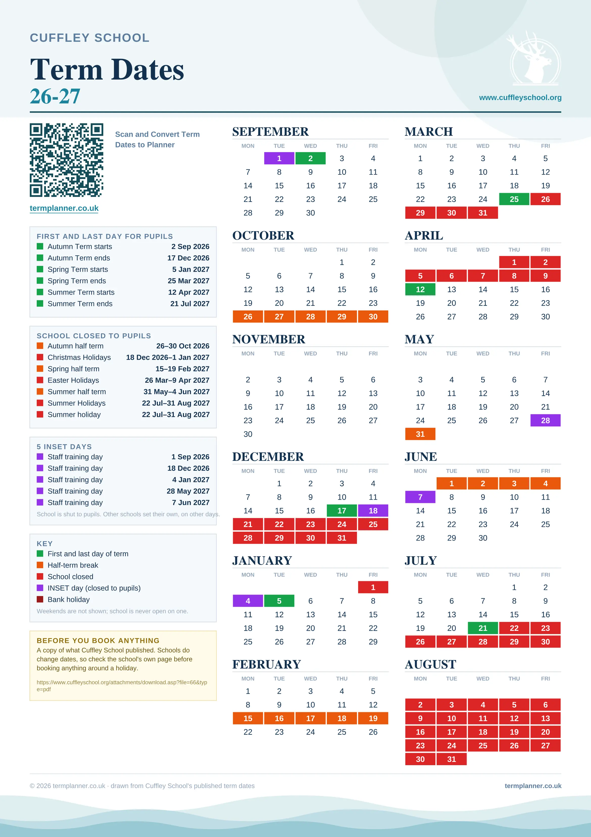 Cuffley School’s 2026/27 school year drawn as one sheet: twelve month grids from September to August, Monday to Friday, with autumn term 2 September to 17 December 2026, spring term 5 January to 25 March 2027, summer term 12 April to 21 July 2027. Half terms, holidays and bank holidays are filled in colour, the first and last day of each term is marked, 5 INSET days are picked out, and every date is listed again in words down the left.