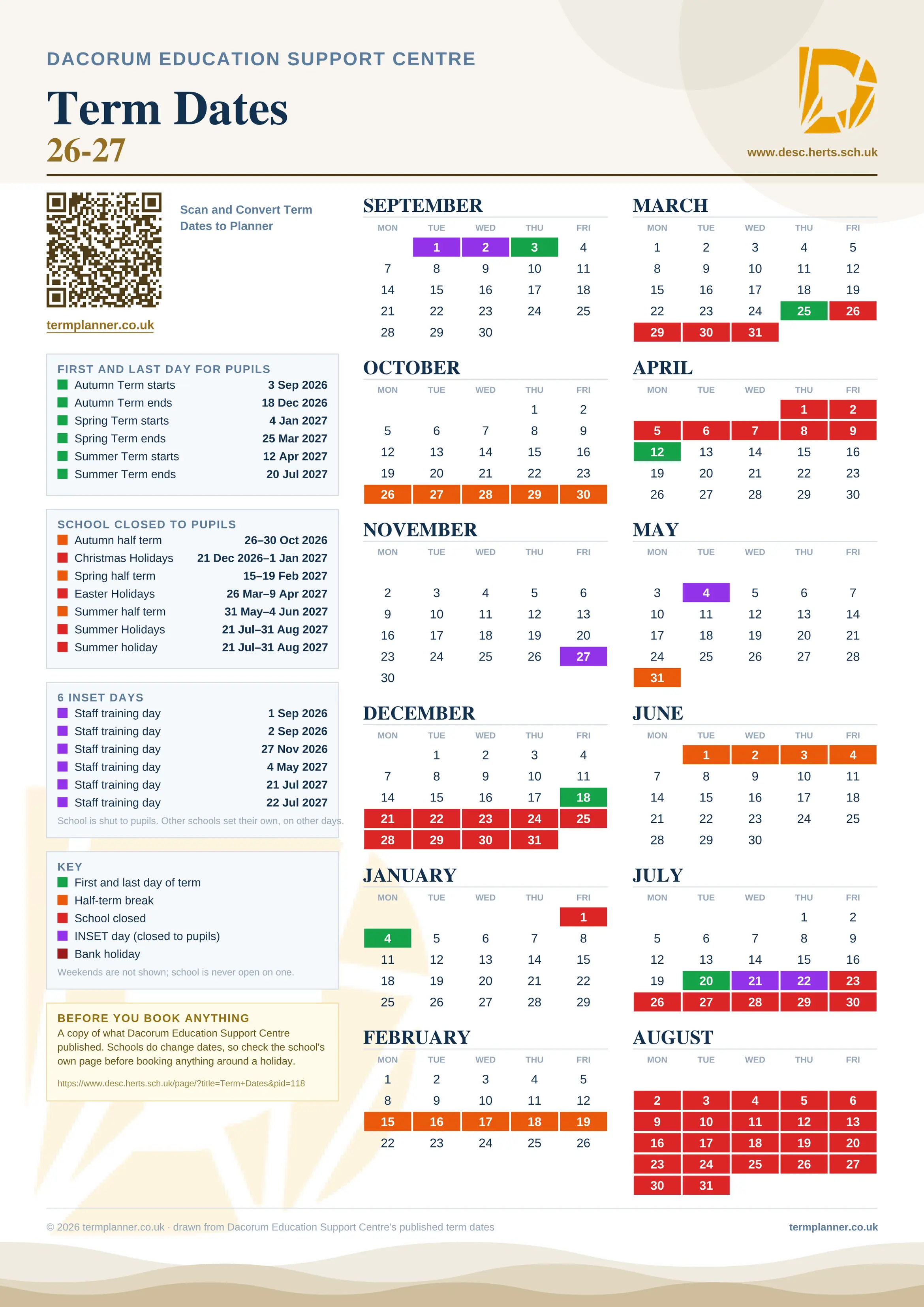 Dacorum Education Support Centre’s 2026/27 school year drawn as one sheet: twelve month grids from September to August, Monday to Friday, with autumn term 3 September to 18 December 2026, spring term 4 January to 25 March 2027, summer term 12 April to 20 July 2027. Half terms, holidays and bank holidays are filled in colour, the first and last day of each term is marked, 6 INSET days are picked out, and every date is listed again in words down the left.