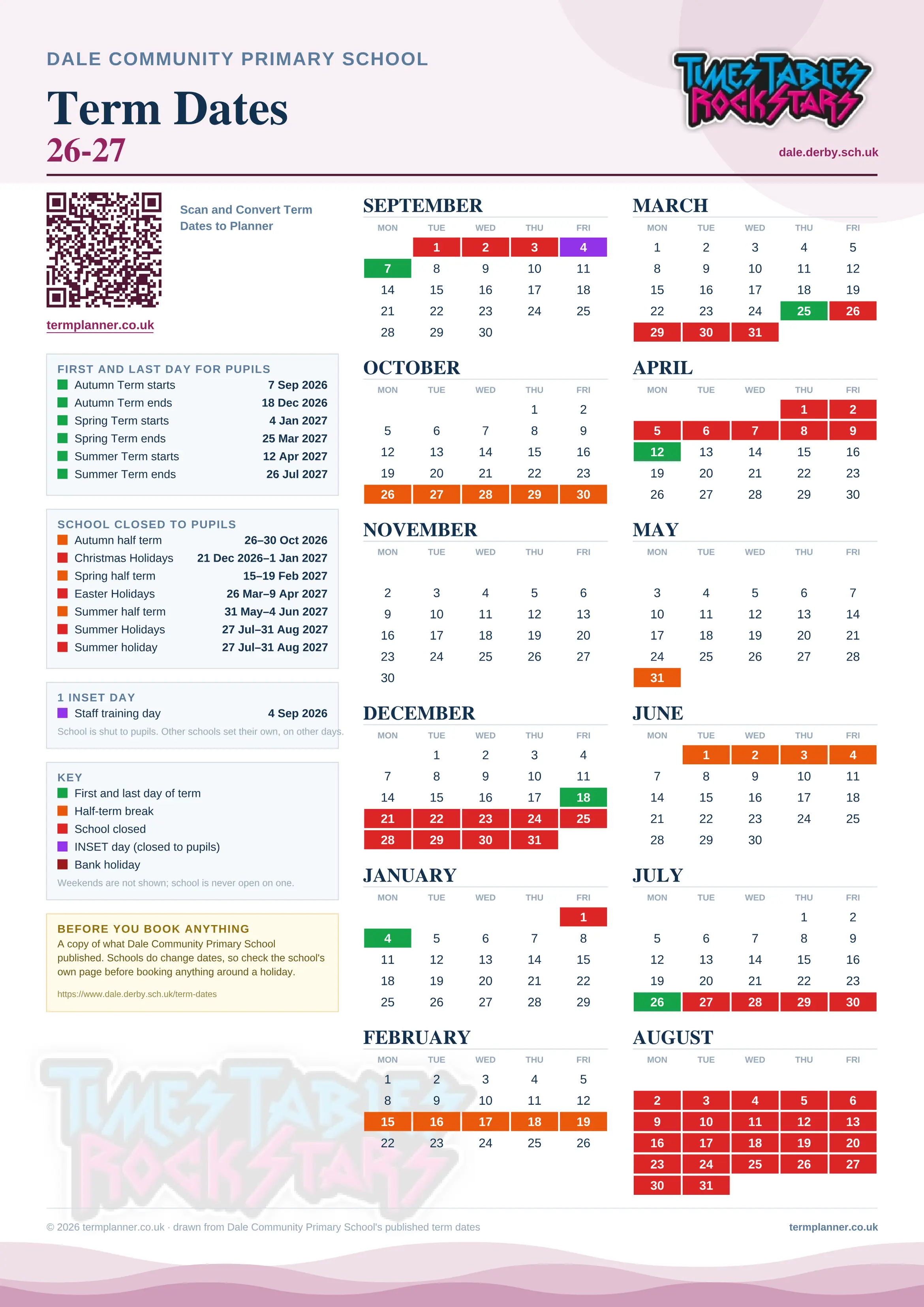 Dale Community Primary School’s 2026/27 school year drawn as one sheet: twelve month grids from September to August, Monday to Friday, with autumn term 7 September to 18 December 2026, spring term 4 January to 25 March 2027, summer term 12 April to 26 July 2027. Half terms, holidays and bank holidays are filled in colour, the first and last day of each term is marked, 1 INSET day is picked out, and every date is listed again in words down the left.