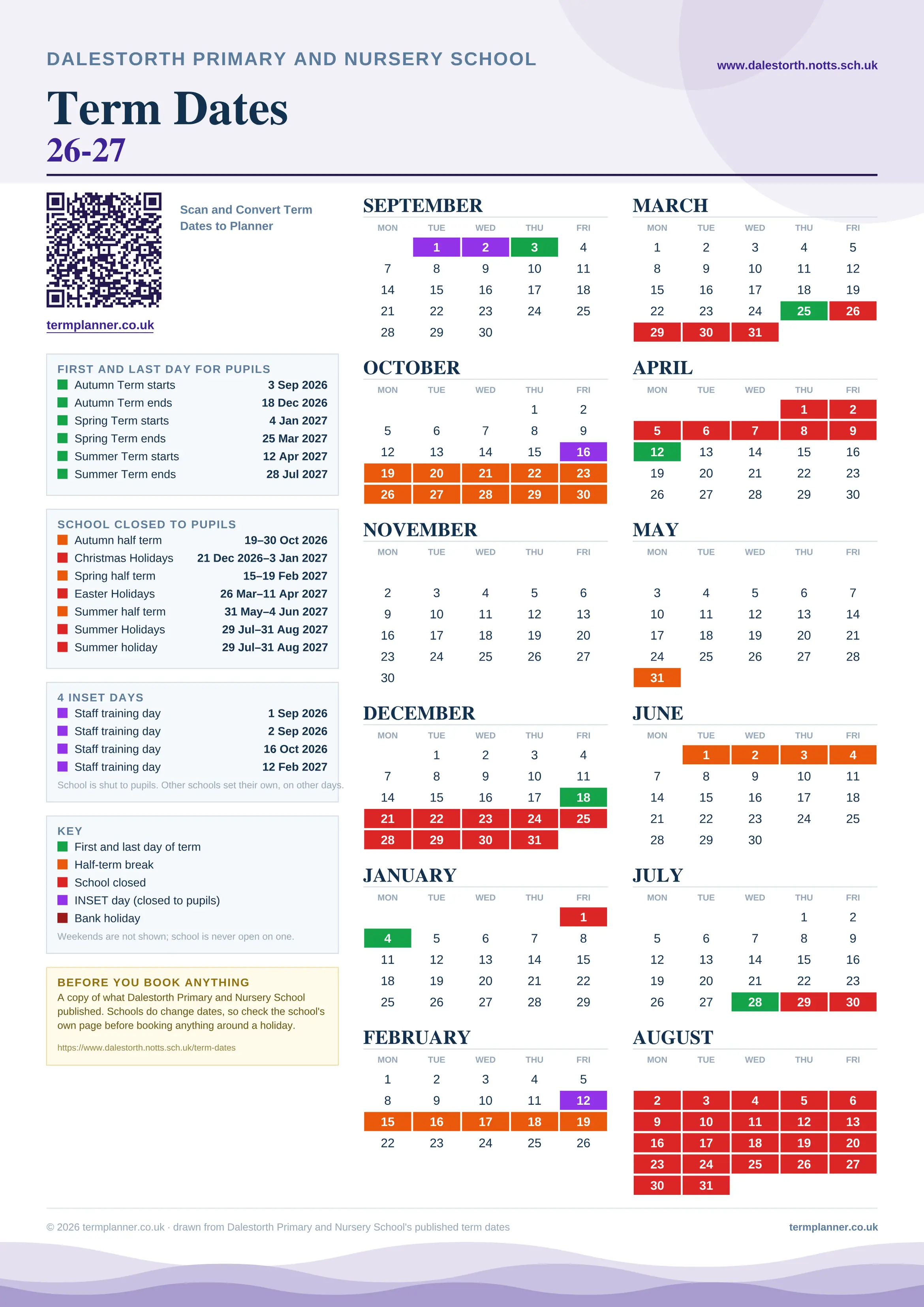 Dalestorth Primary and Nursery School’s 2026/27 school year drawn as one sheet: twelve month grids from September to August, Monday to Friday, with autumn term 3 September to 18 December 2026, spring term 4 January to 25 March 2027, summer term 12 April to 28 July 2027. Half terms, holidays and bank holidays are filled in colour, the first and last day of each term is marked, 4 INSET days are picked out, and every date is listed again in words down the left.