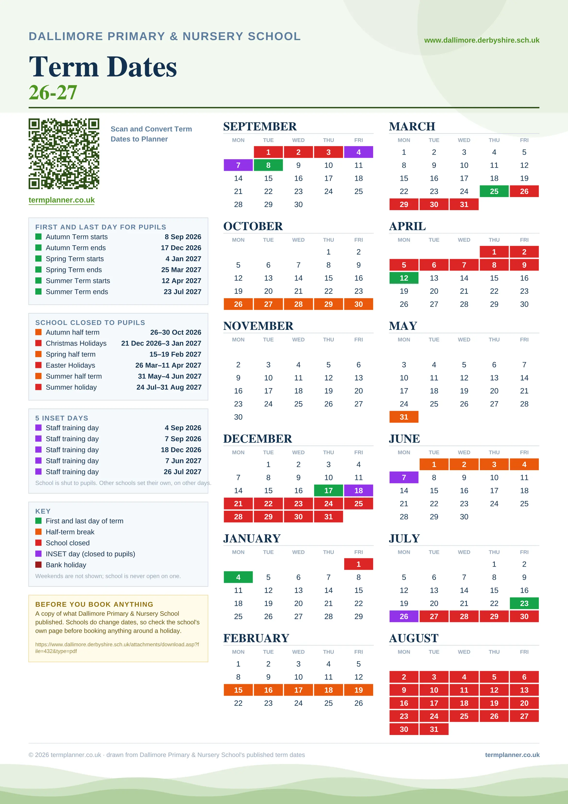 Dallimore Primary & Nursery School’s 2026/27 school year drawn as one sheet: twelve month grids from September to August, Monday to Friday, with autumn term 8 September to 17 December 2026, spring term 4 January to 25 March 2027, summer term 12 April to 23 July 2027. Half terms, holidays and bank holidays are filled in colour, the first and last day of each term is marked, 5 INSET days are picked out, and every date is listed again in words down the left.
