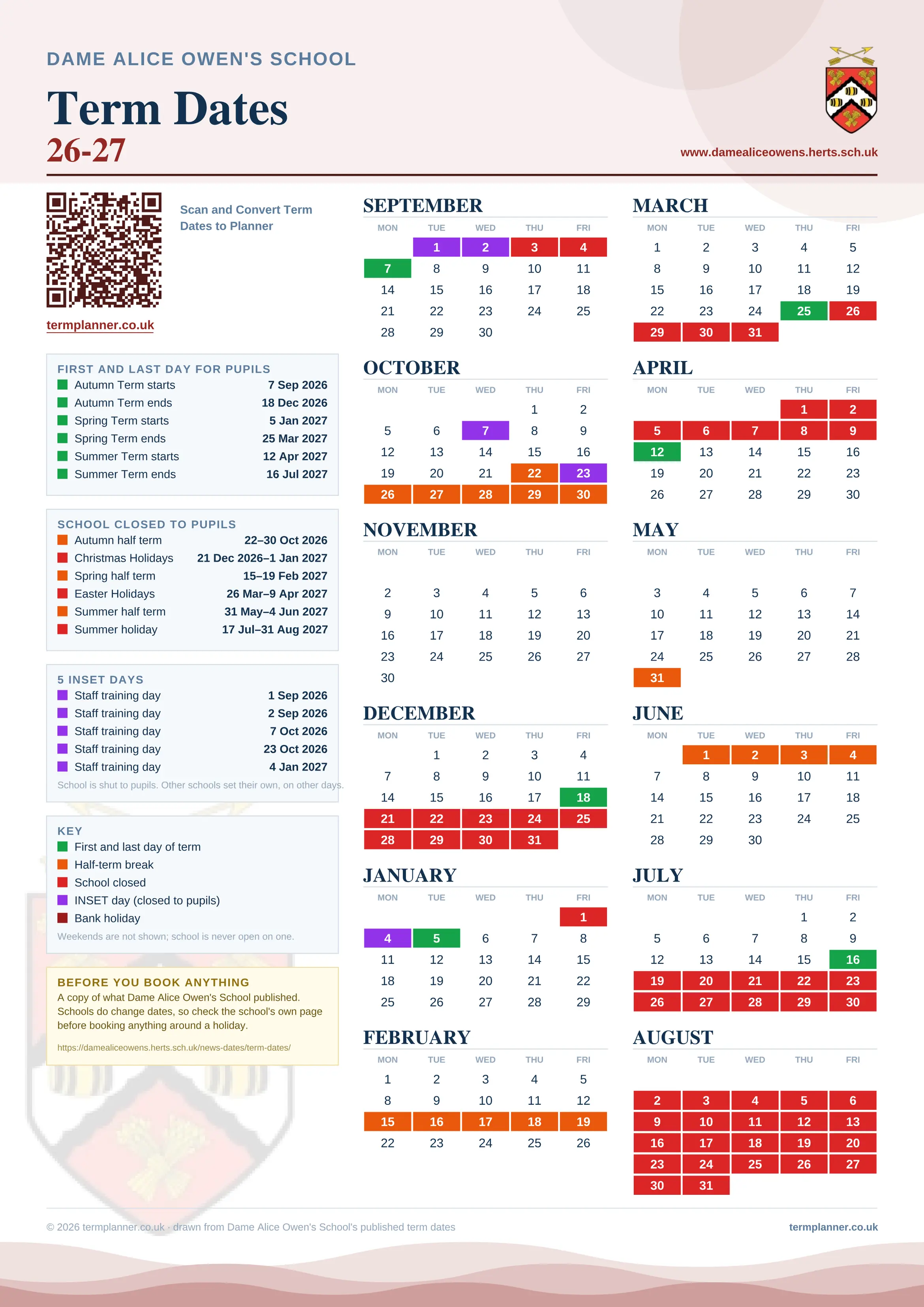 Dame Alice Owen's School’s 2026/27 school year drawn as one sheet: twelve month grids from September to August, Monday to Friday, with autumn term 7 September to 18 December 2026, spring term 5 January to 25 March 2027, summer term 12 April to 16 July 2027. Half terms, holidays and bank holidays are filled in colour, the first and last day of each term is marked, 5 INSET days are picked out, and every date is listed again in words down the left.