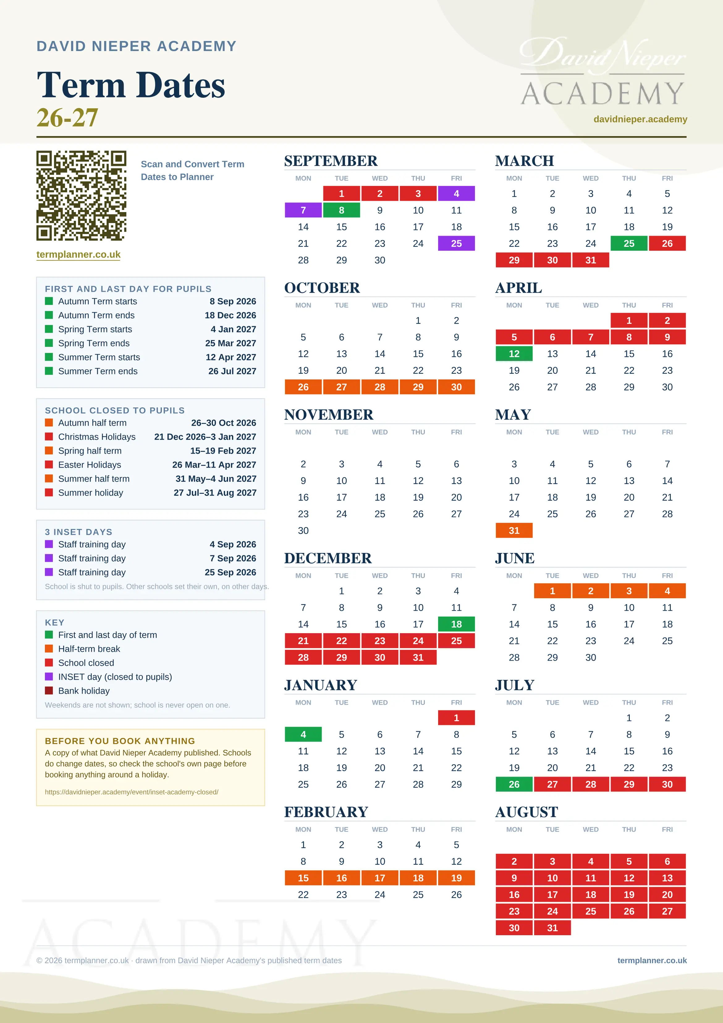 David Nieper Academy’s 2026/27 school year drawn as one sheet: twelve month grids from September to August, Monday to Friday, with autumn term 8 September to 18 December 2026, spring term 4 January to 25 March 2027, summer term 12 April to 26 July 2027. Half terms, holidays and bank holidays are filled in colour, the first and last day of each term is marked, 3 INSET days are picked out, and every date is listed again in words down the left.