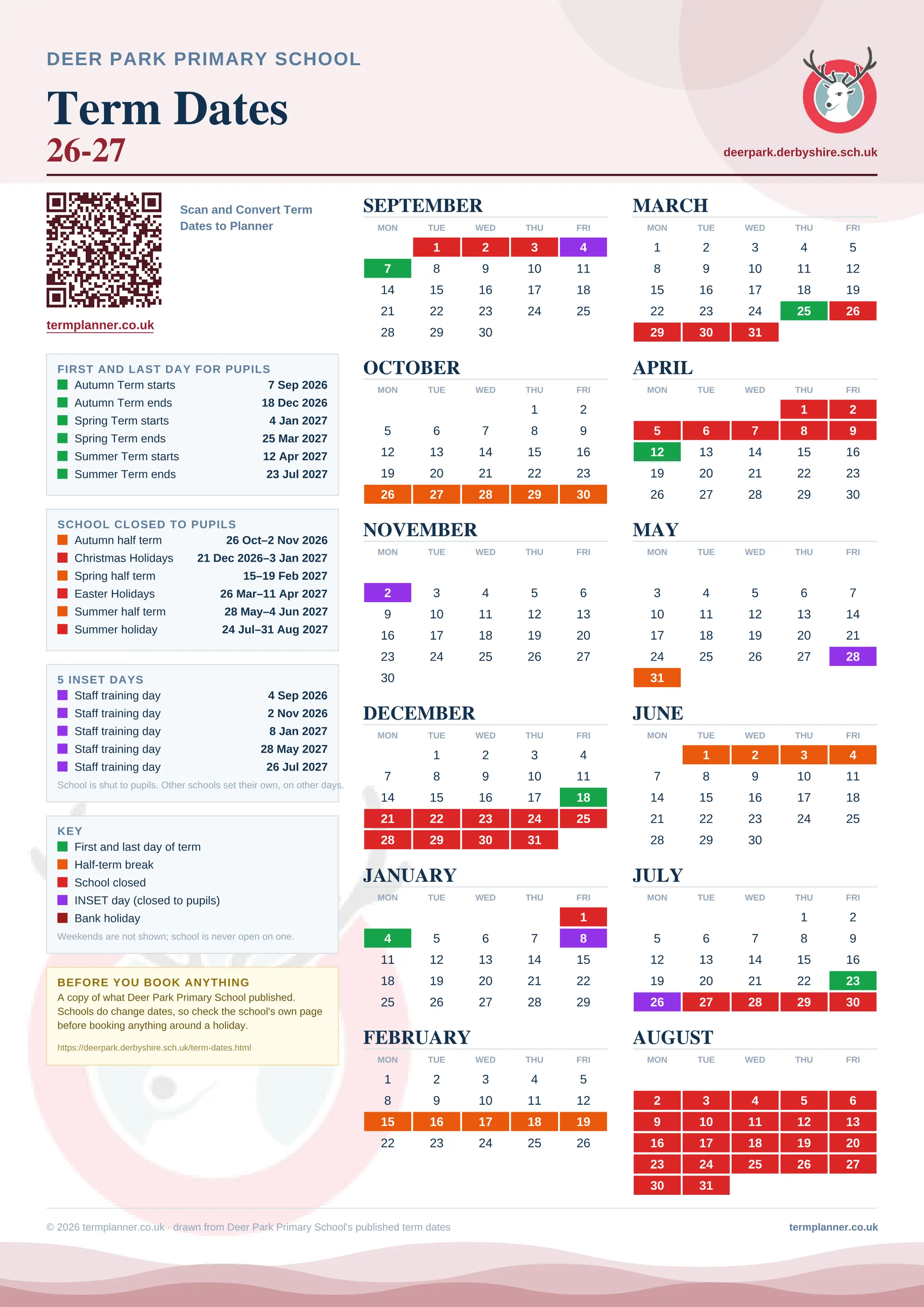 Deer Park Primary School’s 2026/27 school year drawn as one sheet: twelve month grids from September to August, Monday to Friday, with autumn term 7 September to 18 December 2026, spring term 4 January to 25 March 2027, summer term 12 April to 23 July 2027. Half terms, holidays and bank holidays are filled in colour, the first and last day of each term is marked, 5 INSET days are picked out, and every date is listed again in words down the left.