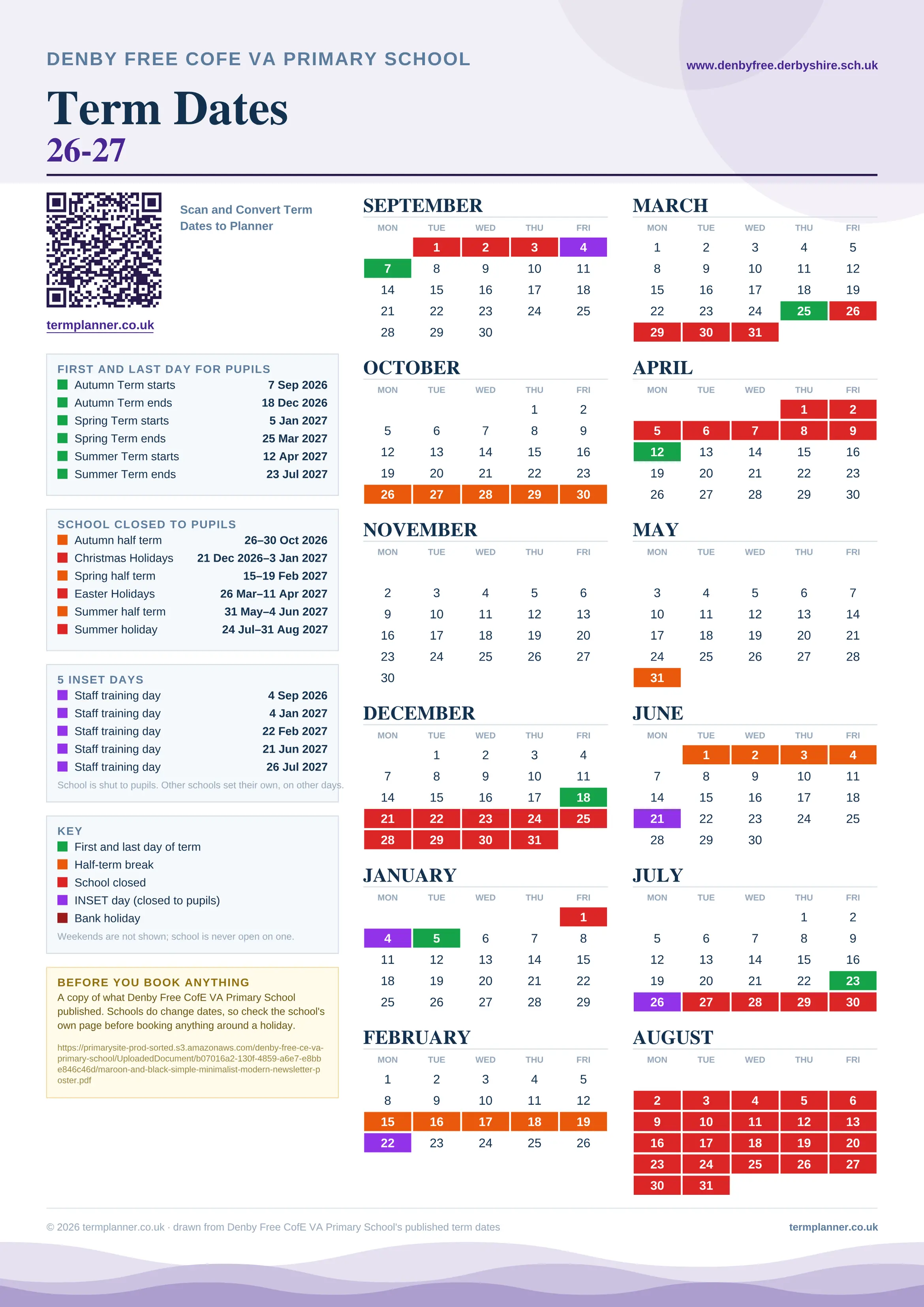 Denby Free CofE VA Primary School’s 2026/27 school year drawn as one sheet: twelve month grids from September to August, Monday to Friday, with autumn term 7 September to 18 December 2026, spring term 5 January to 25 March 2027, summer term 12 April to 23 July 2027. Half terms, holidays and bank holidays are filled in colour, the first and last day of each term is marked, 5 INSET days are picked out, and every date is listed again in words down the left.