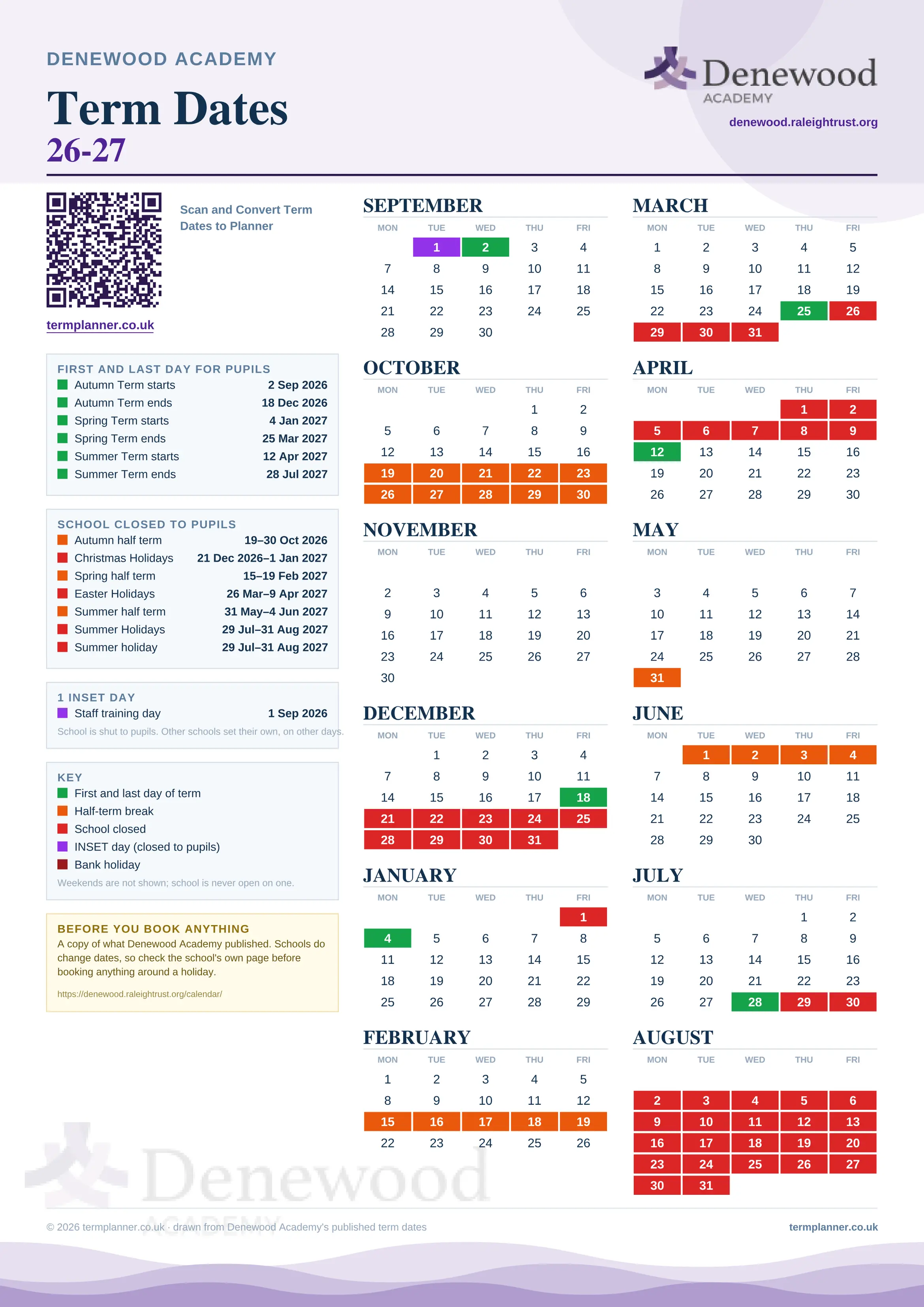 Denewood Academy’s 2026/27 school year drawn as one sheet: twelve month grids from September to August, Monday to Friday, with autumn term 2 September to 18 December 2026, spring term 4 January to 25 March 2027, summer term 12 April to 28 July 2027. Half terms, holidays and bank holidays are filled in colour, the first and last day of each term is marked, 1 INSET day is picked out, and every date is listed again in words down the left.