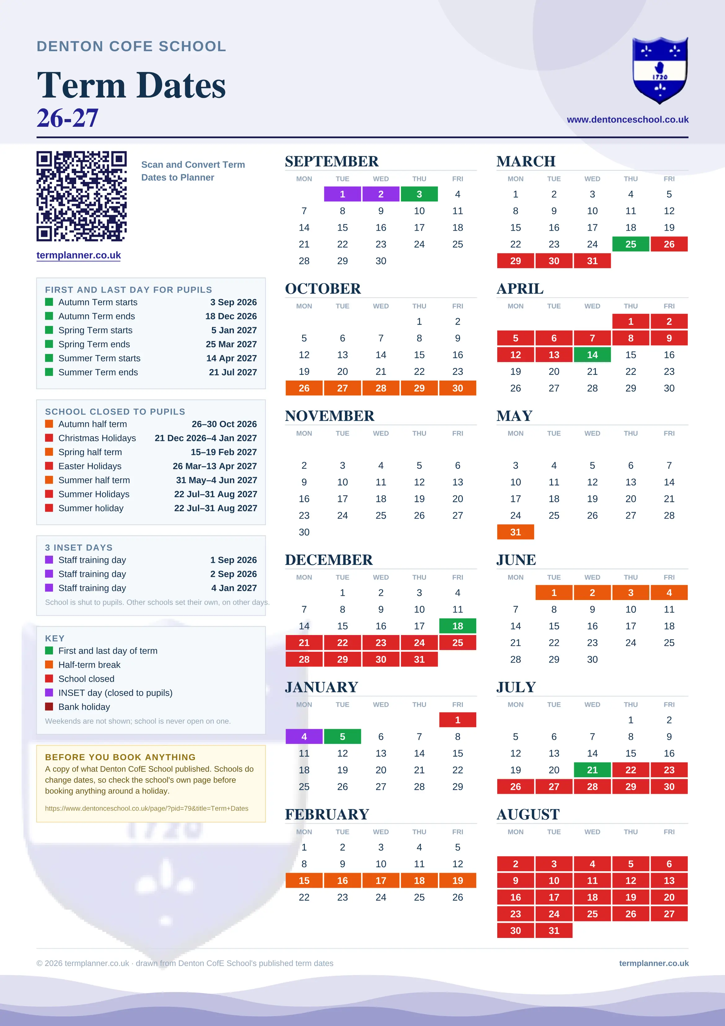 Denton CofE School’s 2026/27 school year drawn as one sheet: twelve month grids from September to August, Monday to Friday, with autumn term 3 September to 18 December 2026, spring term 5 January to 25 March 2027, summer term 14 April to 21 July 2027. Half terms, holidays and bank holidays are filled in colour, the first and last day of each term is marked, 3 INSET days are picked out, and every date is listed again in words down the left.