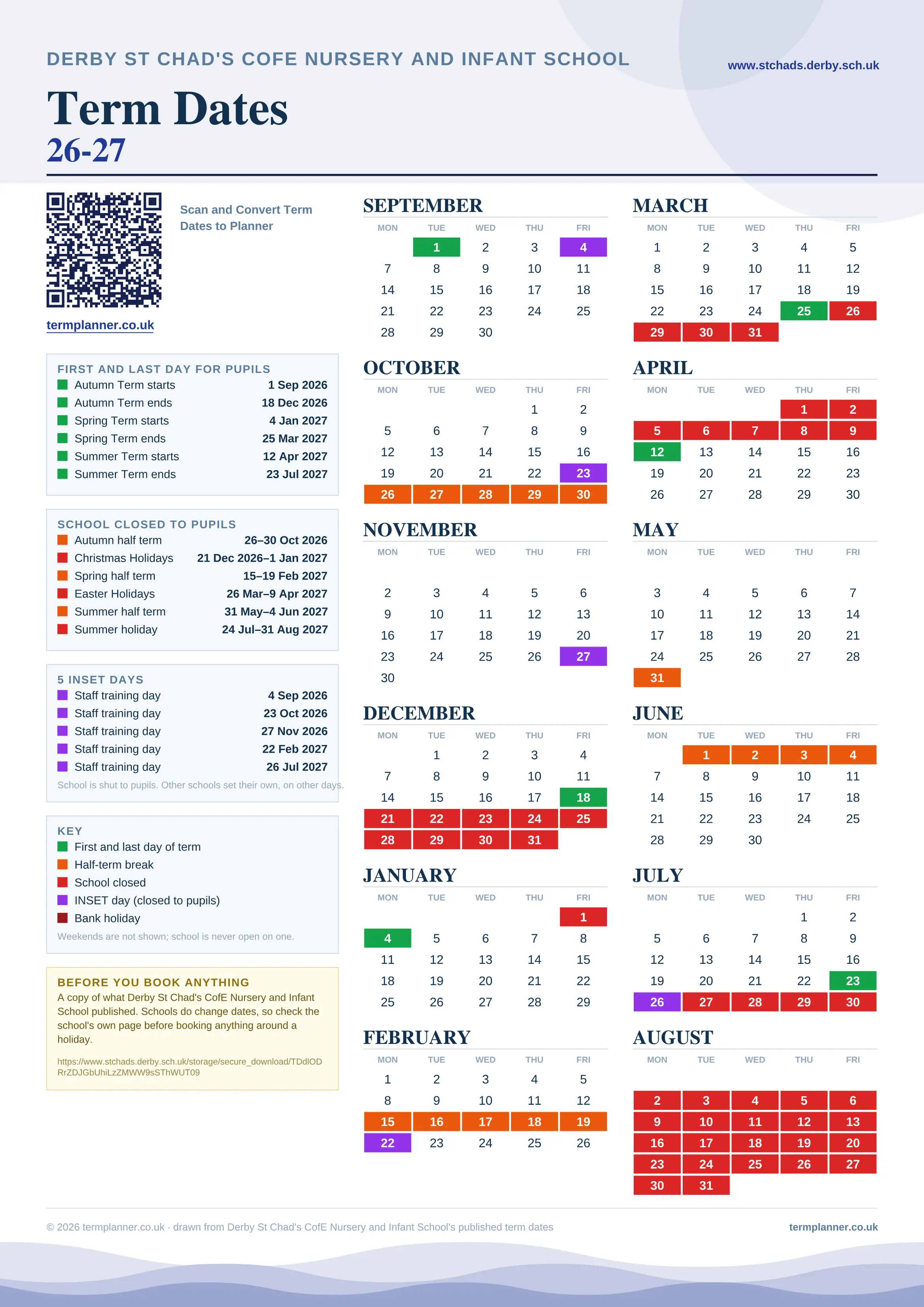 Derby St Chad's CofE Nursery and Infant School’s 2026/27 school year drawn as one sheet: twelve month grids from September to August, Monday to Friday, with autumn term 1 September to 18 December 2026, spring term 4 January to 25 March 2027, summer term 12 April to 23 July 2027. Half terms, holidays and bank holidays are filled in colour, the first and last day of each term is marked, 5 INSET days are picked out, and every date is listed again in words down the left.