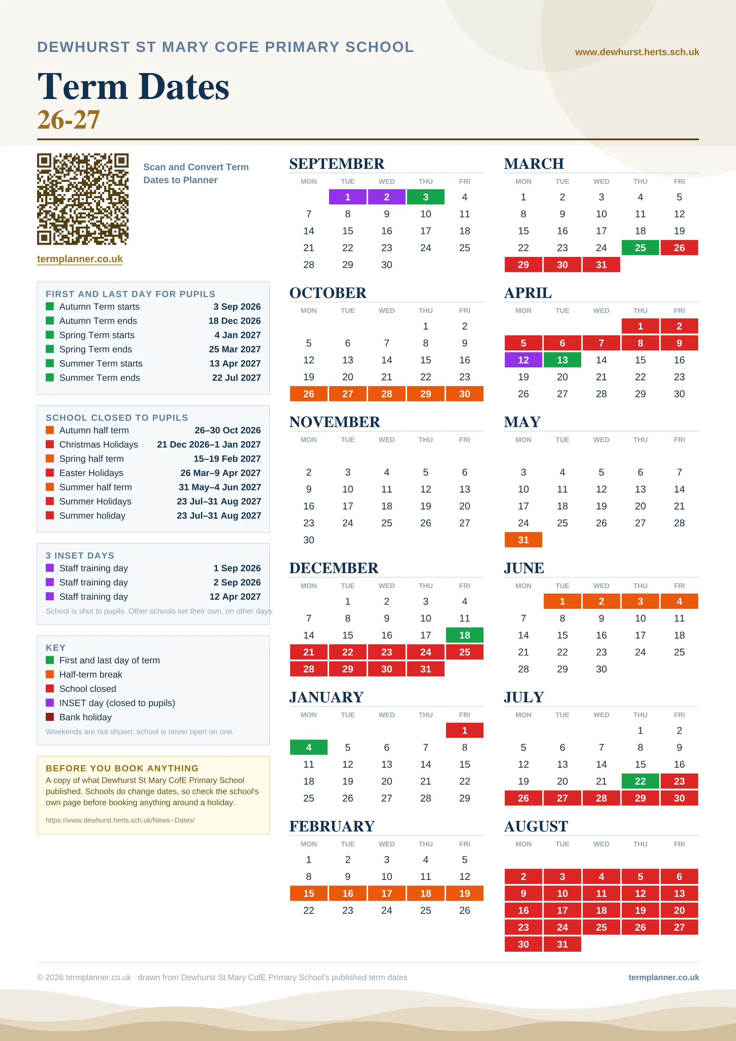 Dewhurst St Mary CofE Primary School’s 2026/27 school year drawn as one sheet: twelve month grids from September to August, Monday to Friday, with autumn term 3 September to 18 December 2026, spring term 4 January to 25 March 2027, summer term 13 April to 22 July 2027. Half terms, holidays and bank holidays are filled in colour, the first and last day of each term is marked, 3 INSET days are picked out, and every date is listed again in words down the left.