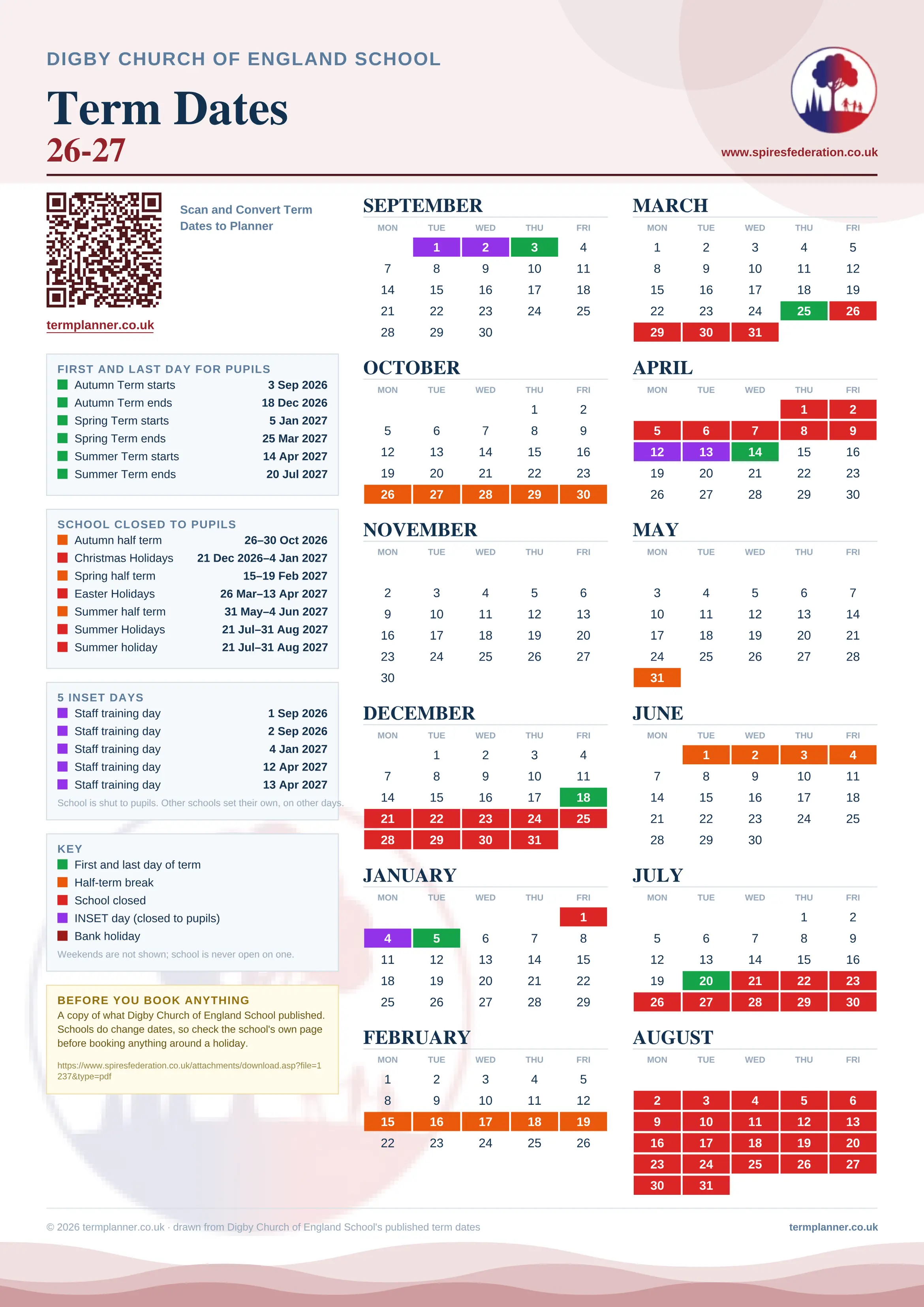 Digby Church of England School’s 2026/27 school year drawn as one sheet: twelve month grids from September to August, Monday to Friday, with autumn term 3 September to 18 December 2026, spring term 5 January to 25 March 2027, summer term 14 April to 20 July 2027. Half terms, holidays and bank holidays are filled in colour, the first and last day of each term is marked, 5 INSET days are picked out, and every date is listed again in words down the left.