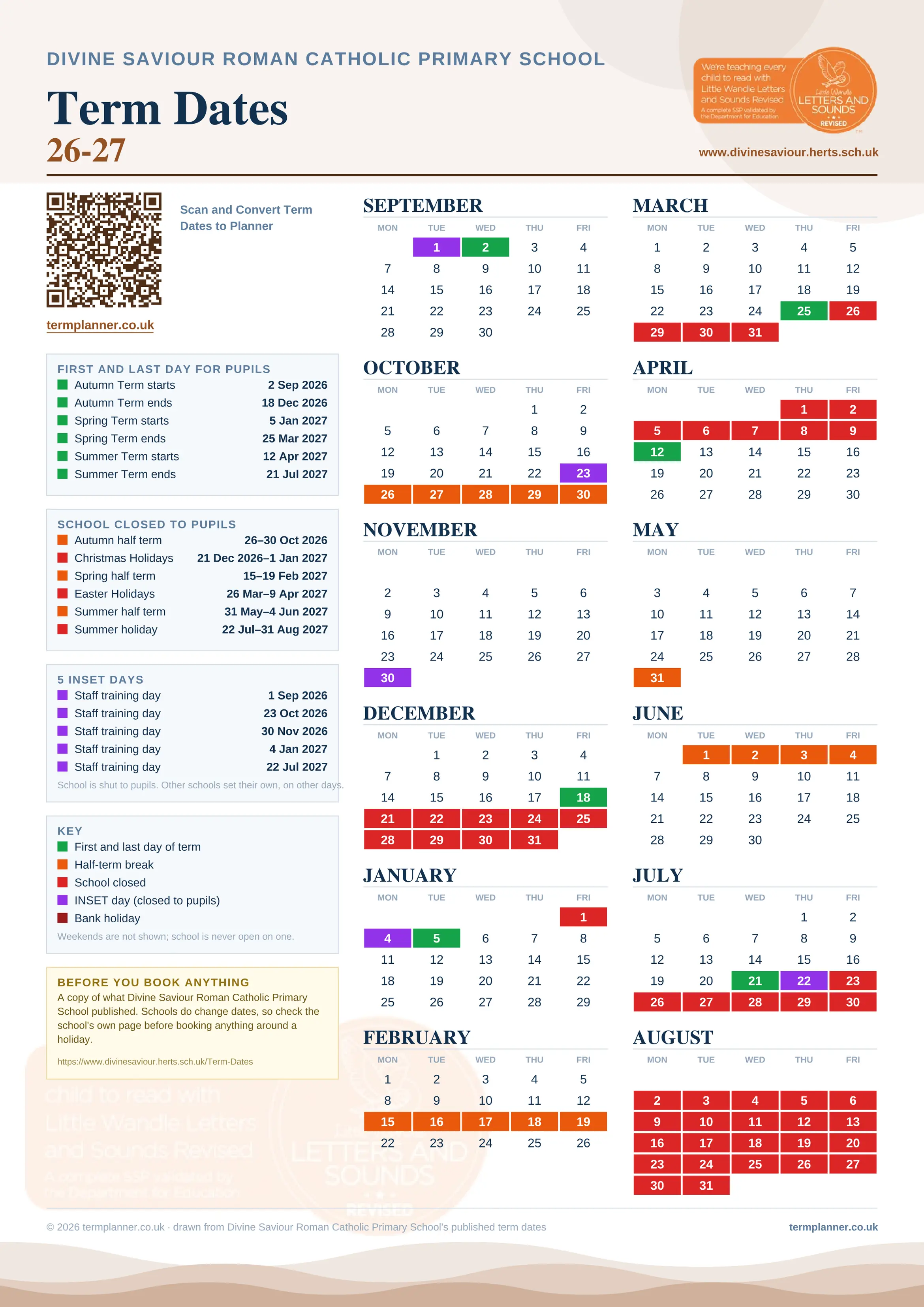 Divine Saviour Roman Catholic Primary School’s 2026/27 school year drawn as one sheet: twelve month grids from September to August, Monday to Friday, with autumn term 2 September to 18 December 2026, spring term 5 January to 25 March 2027, summer term 12 April to 21 July 2027. Half terms, holidays and bank holidays are filled in colour, the first and last day of each term is marked, 5 INSET days are picked out, and every date is listed again in words down the left.