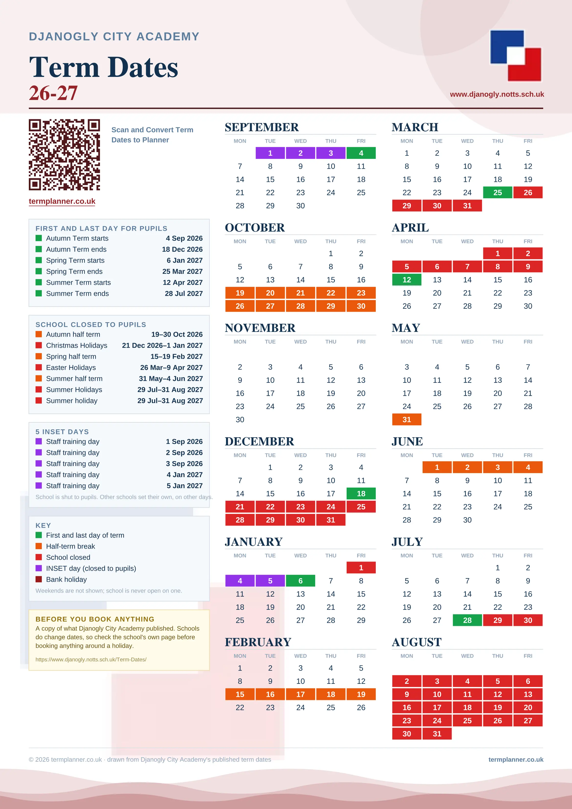 Djanogly City Academy’s 2026/27 school year drawn as one sheet: twelve month grids from September to August, Monday to Friday, with autumn term 4 September to 18 December 2026, spring term 6 January to 25 March 2027, summer term 12 April to 28 July 2027. Half terms, holidays and bank holidays are filled in colour, the first and last day of each term is marked, 5 INSET days are picked out, and every date is listed again in words down the left.