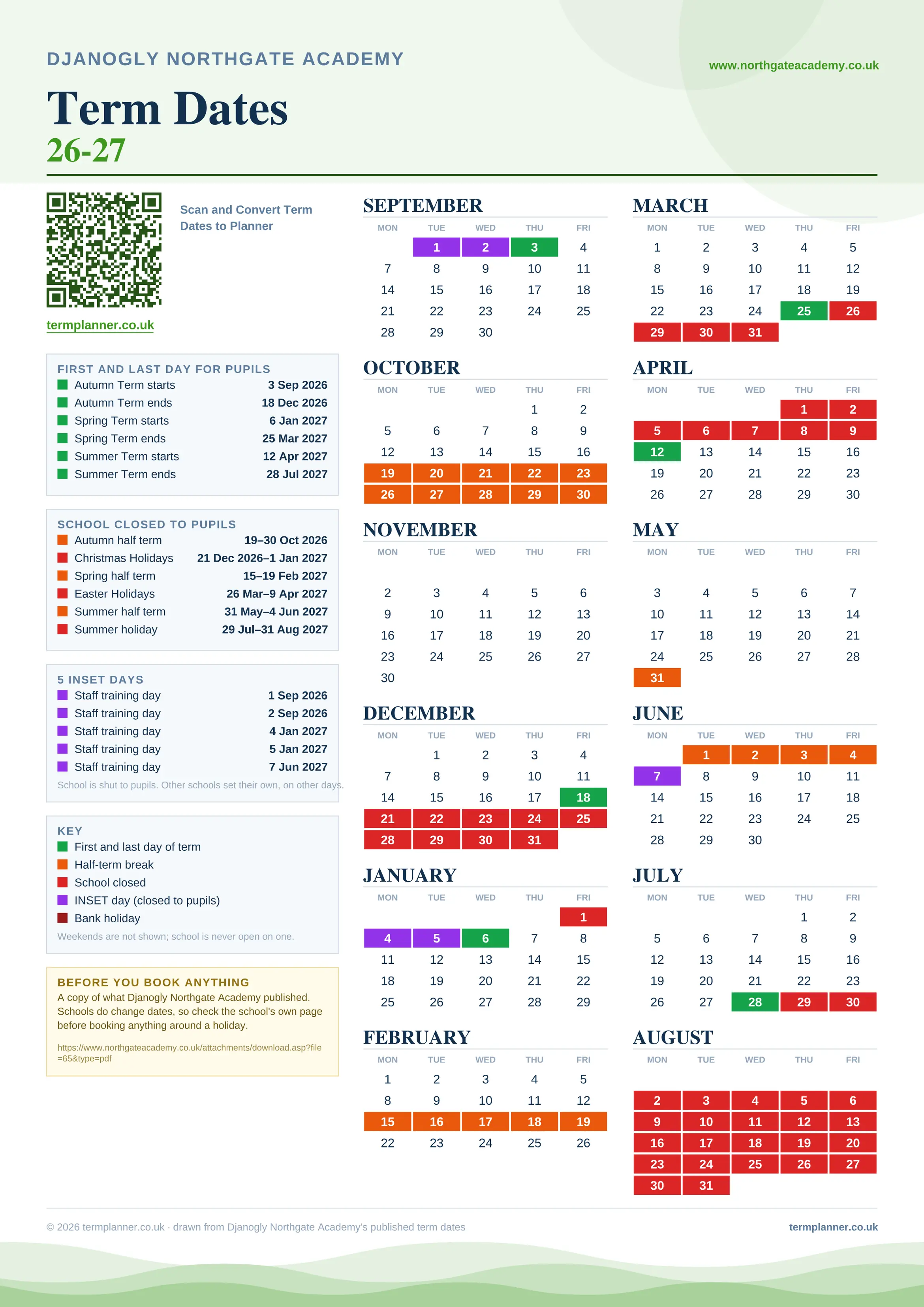 Djanogly Northgate Academy’s 2026/27 school year drawn as one sheet: twelve month grids from September to August, Monday to Friday, with autumn term 3 September to 18 December 2026, spring term 6 January to 25 March 2027, summer term 12 April to 28 July 2027. Half terms, holidays and bank holidays are filled in colour, the first and last day of each term is marked, 5 INSET days are picked out, and every date is listed again in words down the left.