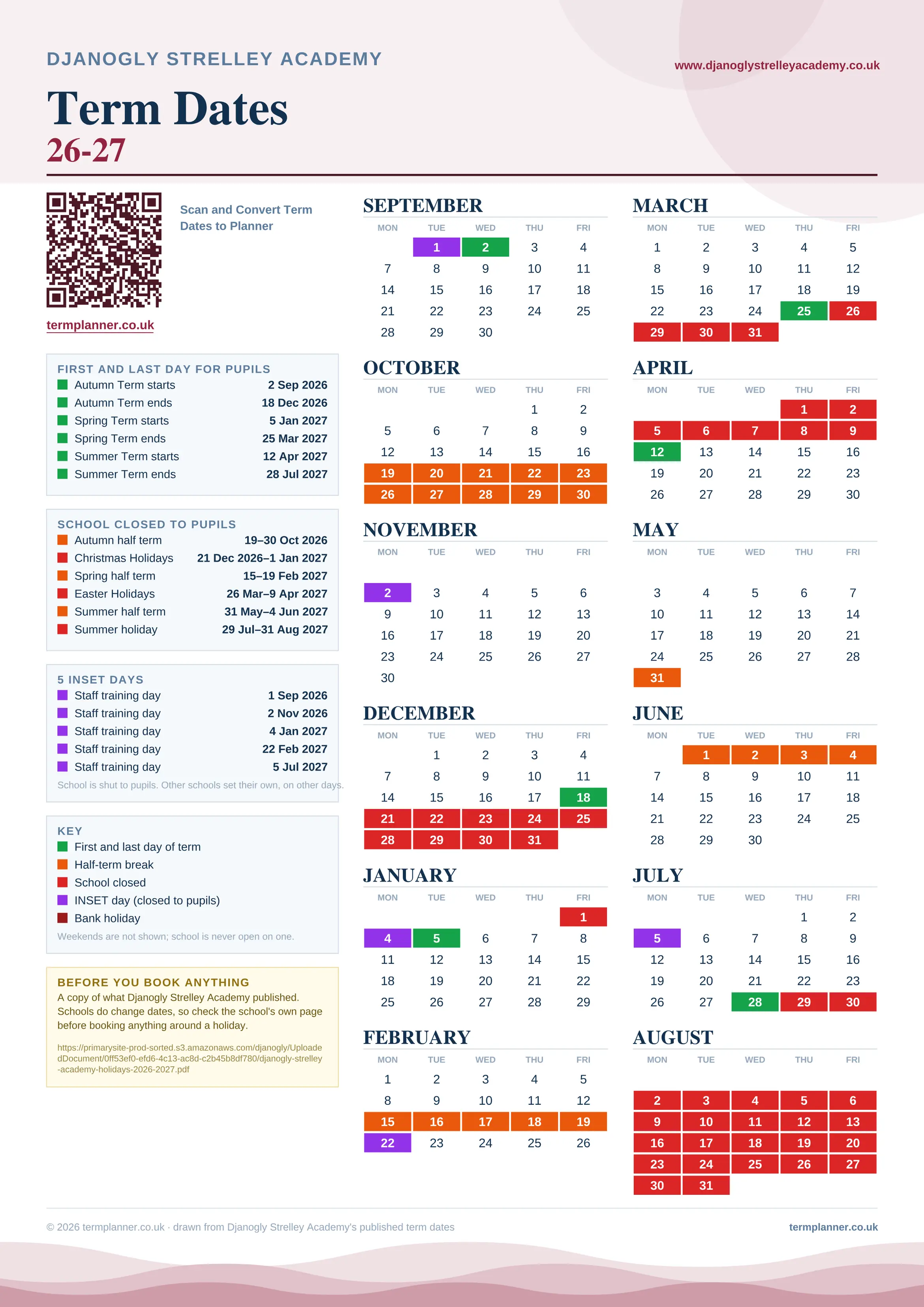 Djanogly Strelley Academy’s 2026/27 school year drawn as one sheet: twelve month grids from September to August, Monday to Friday, with autumn term 2 September to 18 December 2026, spring term 5 January to 25 March 2027, summer term 12 April to 28 July 2027. Half terms, holidays and bank holidays are filled in colour, the first and last day of each term is marked, 5 INSET days are picked out, and every date is listed again in words down the left.