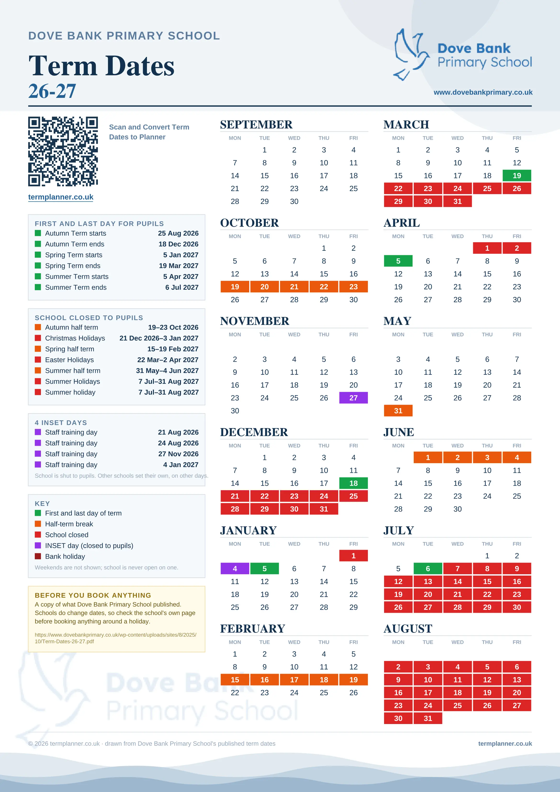 Dove Bank Primary School’s 2026/27 school year drawn as one sheet: twelve month grids from September to August, Monday to Friday, with autumn term 25 August to 18 December 2026, spring term 5 January to 19 March 2027, summer term 5 April to 6 July 2027. Half terms, holidays and bank holidays are filled in colour, the first and last day of each term is marked, 4 INSET days are picked out, and every date is listed again in words down the left.