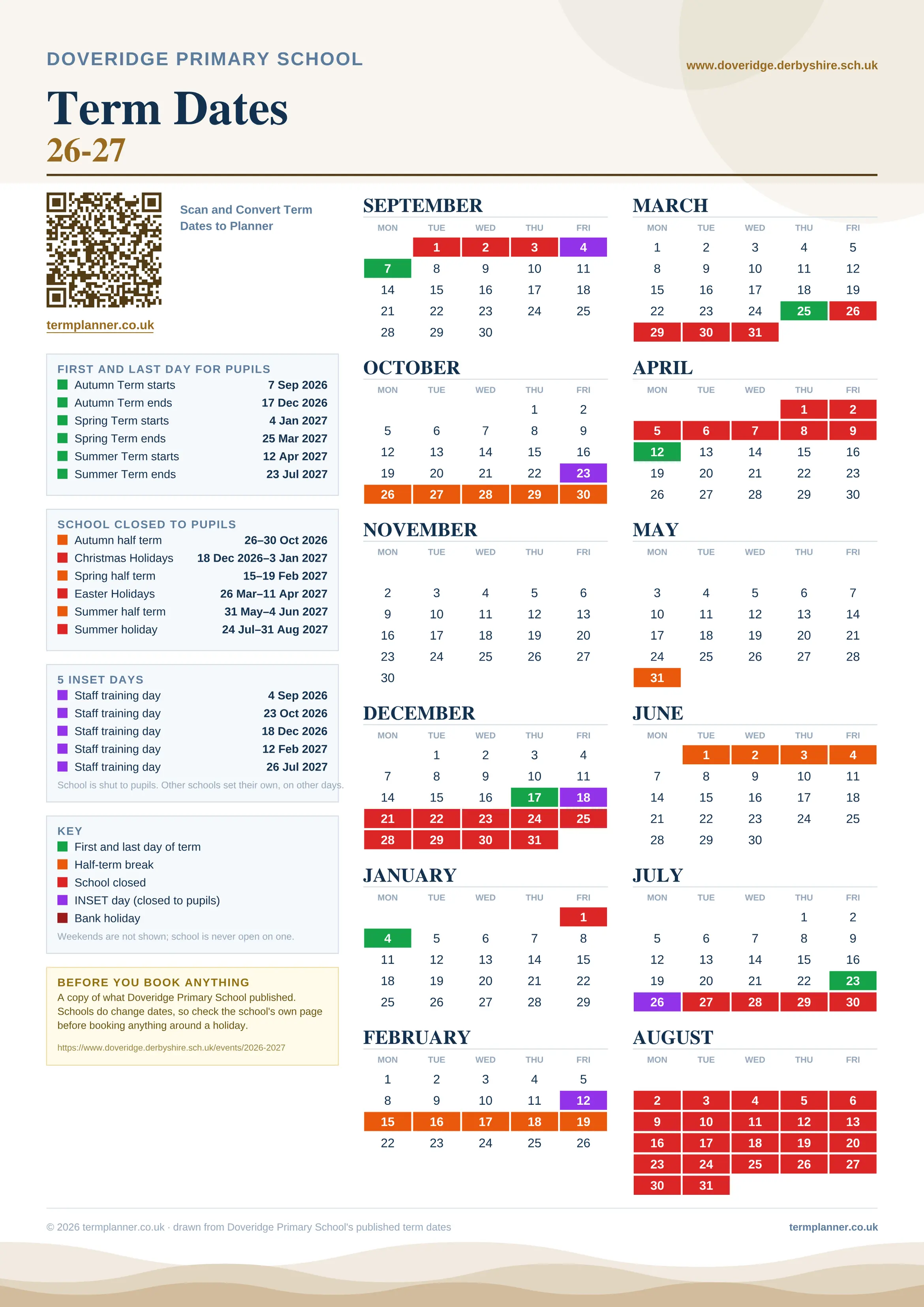 Doveridge Primary School’s 2026/27 school year drawn as one sheet: twelve month grids from September to August, Monday to Friday, with autumn term 7 September to 17 December 2026, spring term 4 January to 25 March 2027, summer term 12 April to 23 July 2027. Half terms, holidays and bank holidays are filled in colour, the first and last day of each term is marked, 5 INSET days are picked out, and every date is listed again in words down the left.
