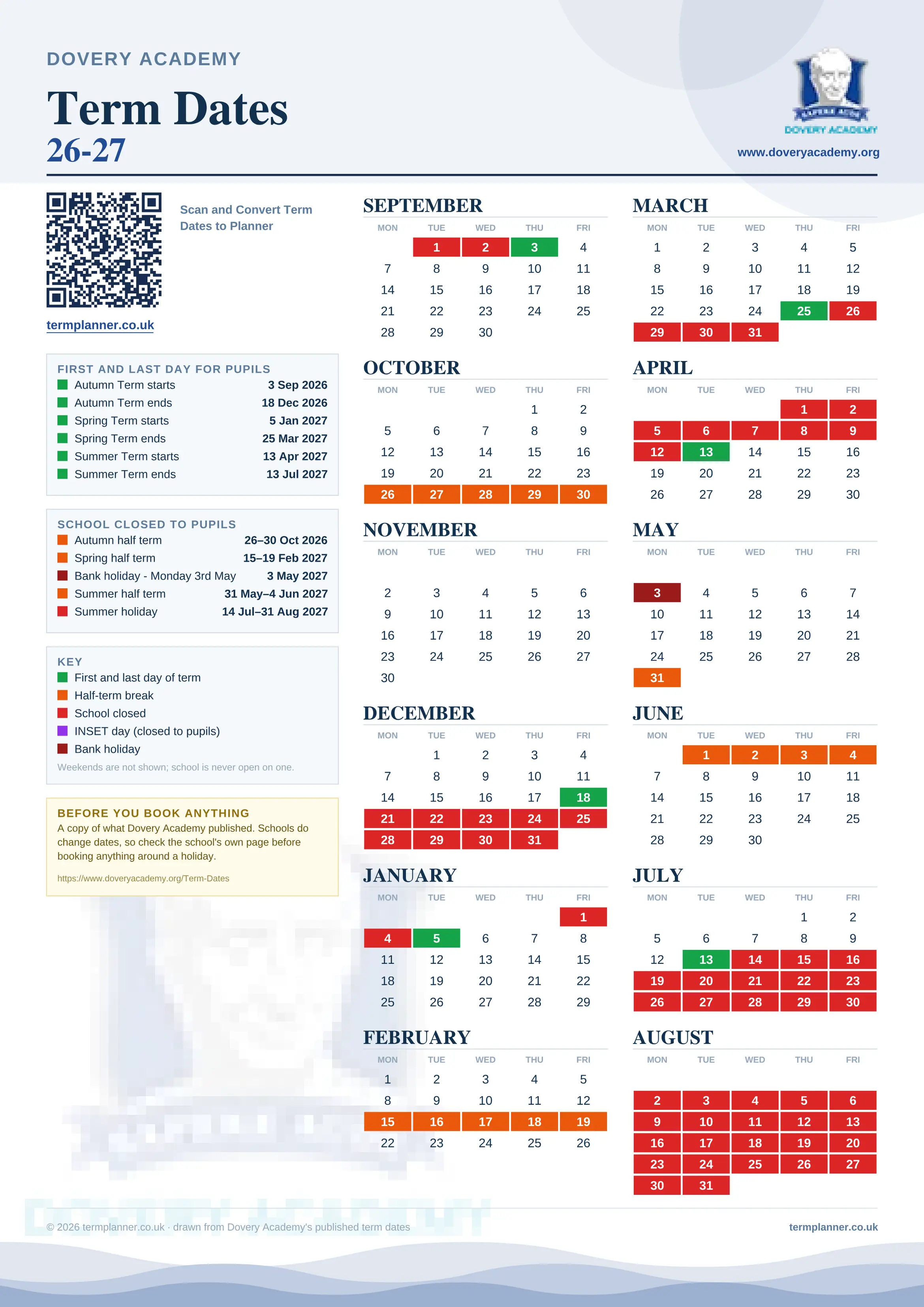Dovery Academy’s 2026/27 school year drawn as one sheet: twelve month grids from September to August, Monday to Friday, with autumn term 3 September to 18 December 2026, spring term 5 January to 25 March 2027, summer term 13 April to 13 July 2027. Half terms, holidays and bank holidays are filled in colour, the first and last day of each term is marked, and every date is listed again in words down the left.