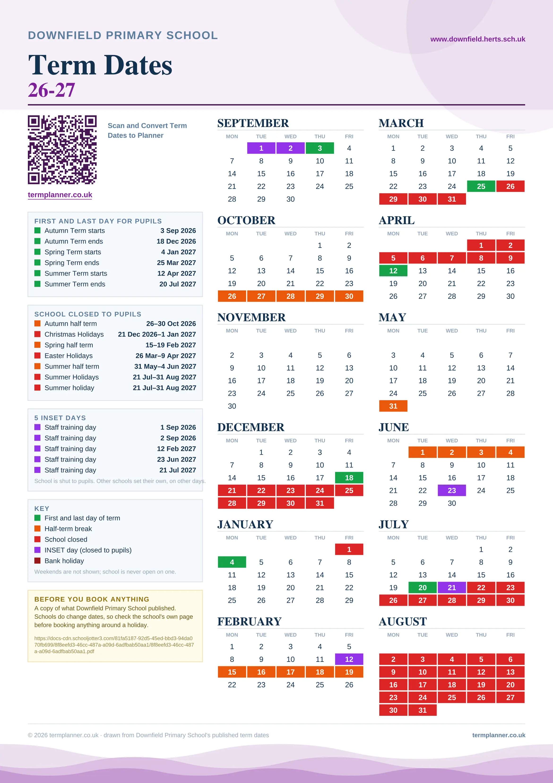 Downfield Primary School’s 2026/27 school year drawn as one sheet: twelve month grids from September to August, Monday to Friday, with autumn term 3 September to 18 December 2026, spring term 4 January to 25 March 2027, summer term 12 April to 20 July 2027. Half terms, holidays and bank holidays are filled in colour, the first and last day of each term is marked, 5 INSET days are picked out, and every date is listed again in words down the left.