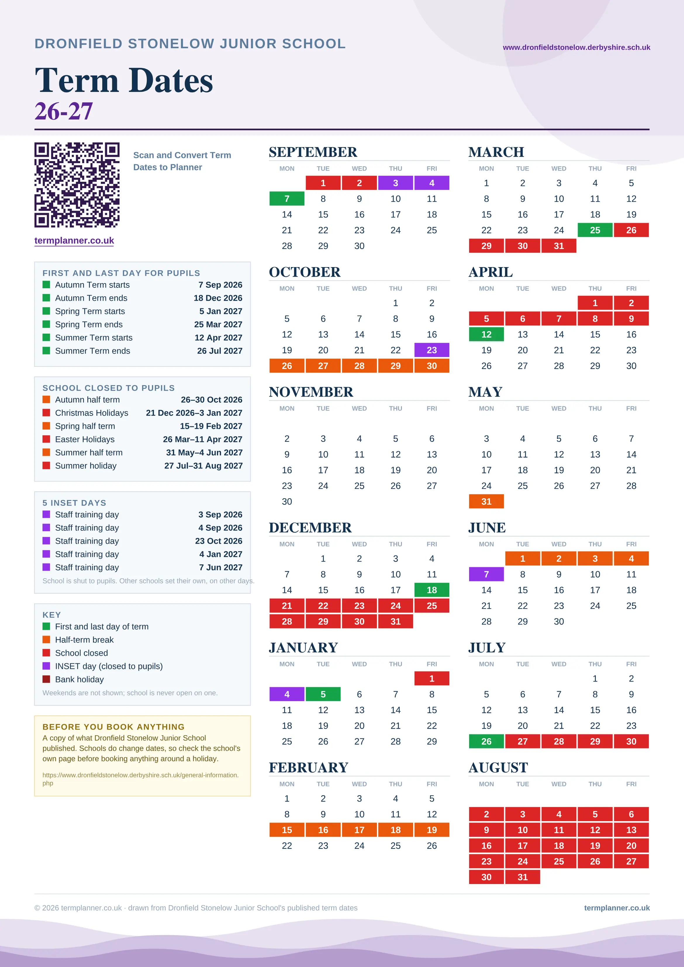 Dronfield Stonelow Junior School’s 2026/27 school year drawn as one sheet: twelve month grids from September to August, Monday to Friday, with autumn term 7 September to 18 December 2026, spring term 5 January to 25 March 2027, summer term 12 April to 26 July 2027. Half terms, holidays and bank holidays are filled in colour, the first and last day of each term is marked, 5 INSET days are picked out, and every date is listed again in words down the left.