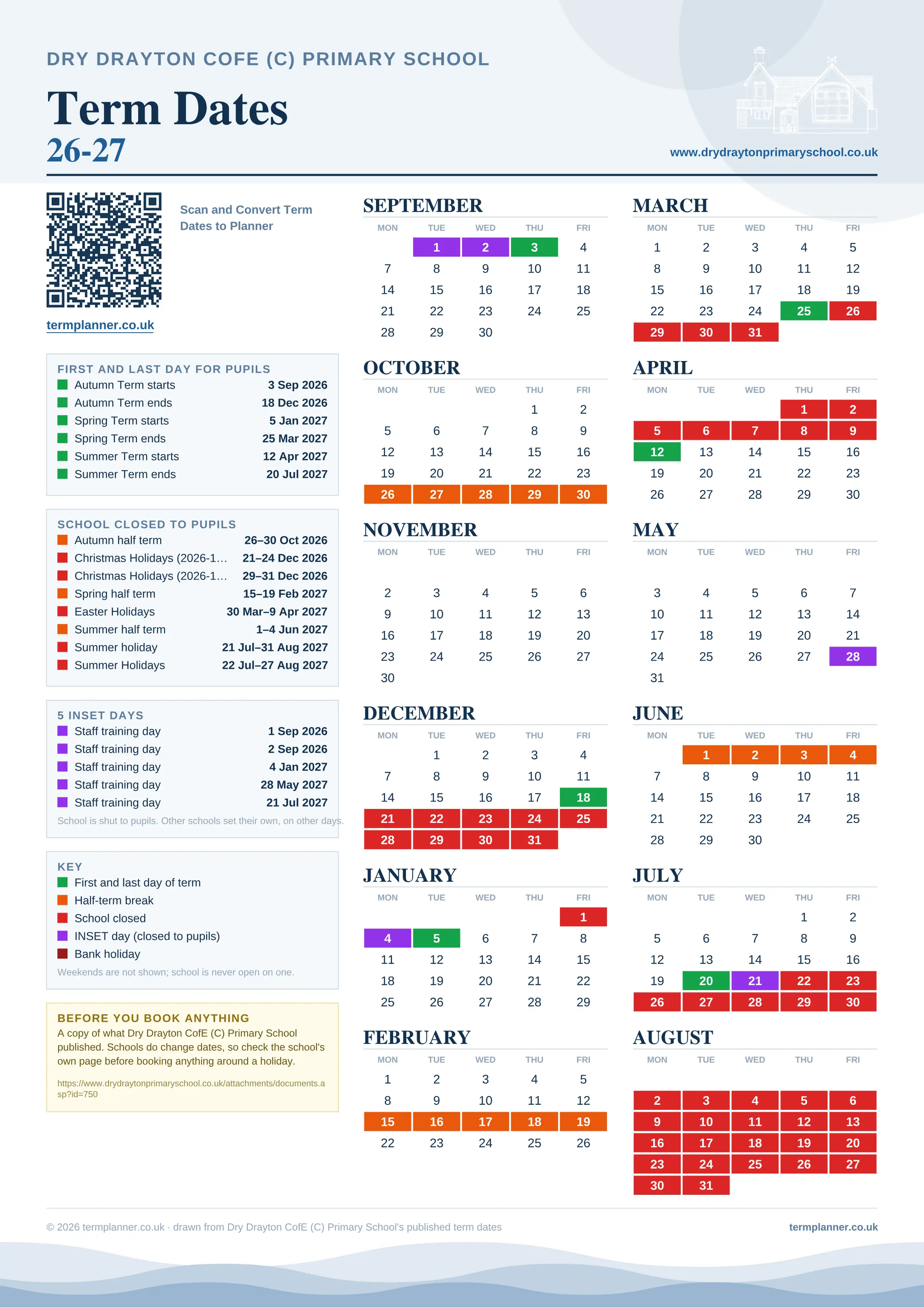 Dry Drayton CofE (C) Primary School’s 2026/27 school year drawn as one sheet: twelve month grids from September to August, Monday to Friday, with autumn term 3 September to 18 December 2026, spring term 5 January to 25 March 2027, summer term 12 April to 20 July 2027. Half terms, holidays and bank holidays are filled in colour, the first and last day of each term is marked, 5 INSET days are picked out, and every date is listed again in words down the left.