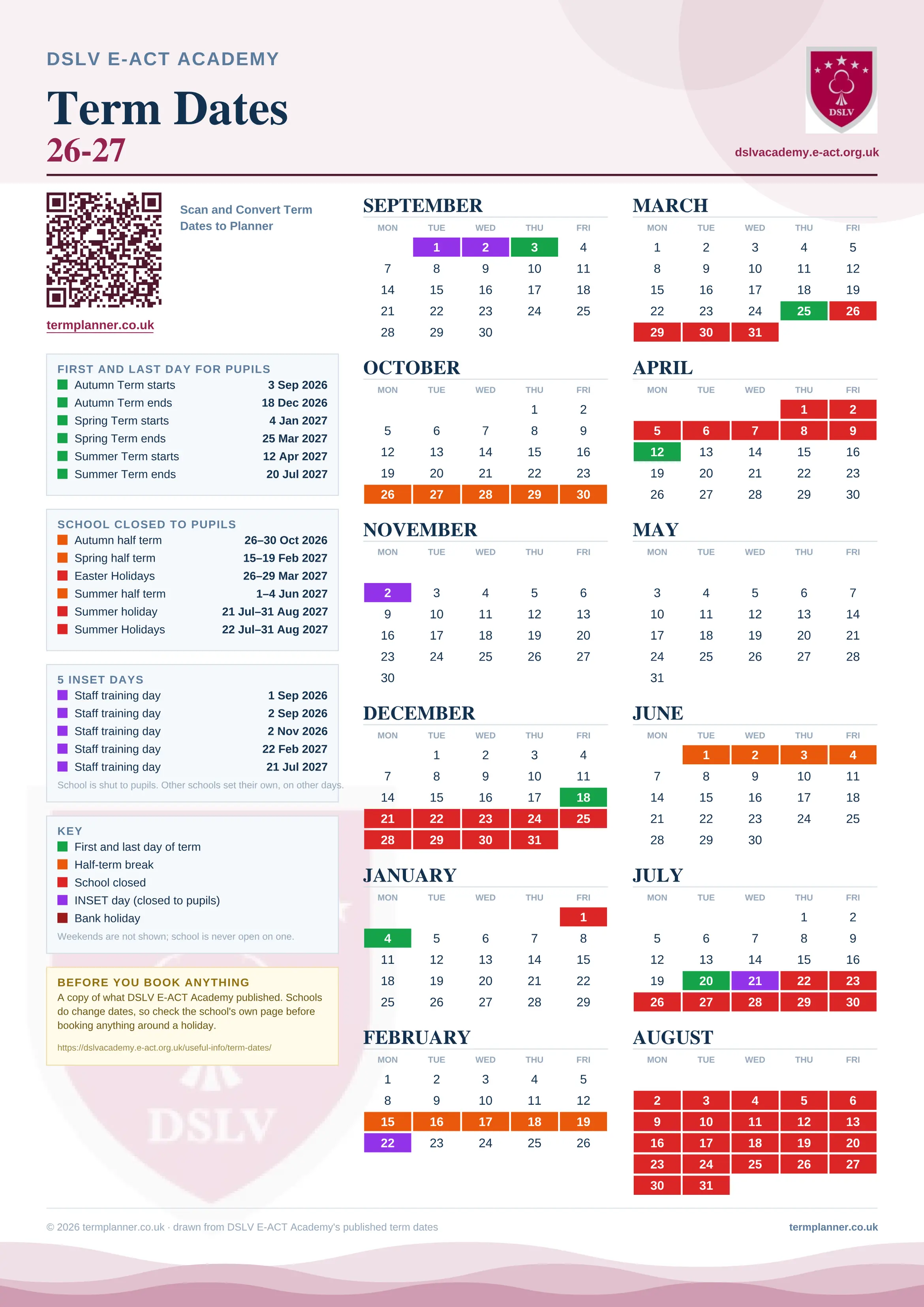 DSLV E-ACT Academy’s 2026/27 school year drawn as one sheet: twelve month grids from September to August, Monday to Friday, with autumn term 3 September to 18 December 2026, spring term 4 January to 25 March 2027, summer term 12 April to 20 July 2027. Half terms, holidays and bank holidays are filled in colour, the first and last day of each term is marked, 5 INSET days are picked out, and every date is listed again in words down the left.