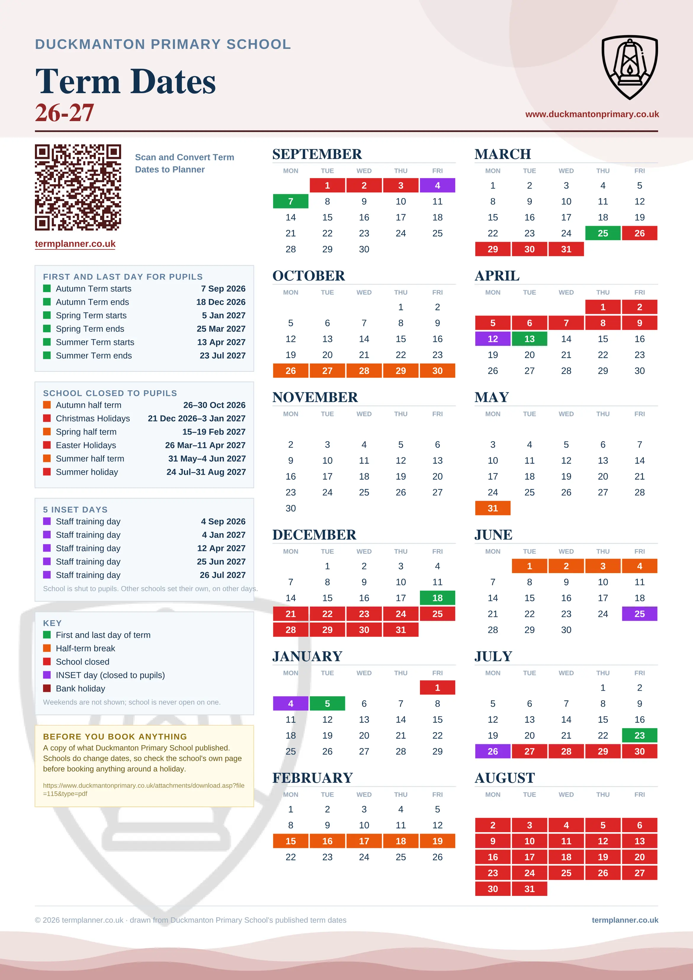 Duckmanton Primary School’s 2026/27 school year drawn as one sheet: twelve month grids from September to August, Monday to Friday, with autumn term 7 September to 18 December 2026, spring term 5 January to 25 March 2027, summer term 13 April to 23 July 2027. Half terms, holidays and bank holidays are filled in colour, the first and last day of each term is marked, 5 INSET days are picked out, and every date is listed again in words down the left.