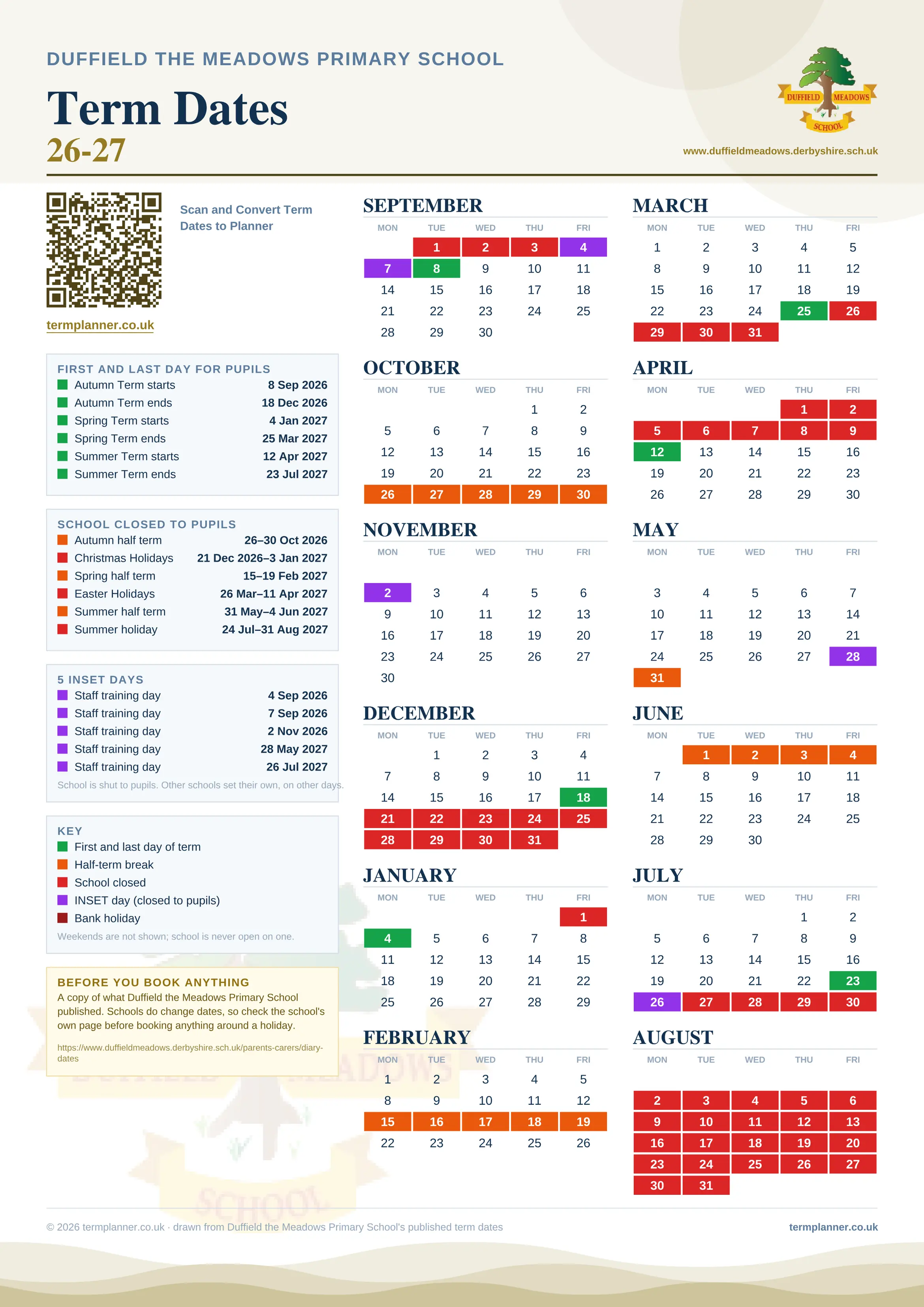 Duffield the Meadows Primary School’s 2026/27 school year drawn as one sheet: twelve month grids from September to August, Monday to Friday, with autumn term 8 September to 18 December 2026, spring term 4 January to 25 March 2027, summer term 12 April to 23 July 2027. Half terms, holidays and bank holidays are filled in colour, the first and last day of each term is marked, 5 INSET days are picked out, and every date is listed again in words down the left.
