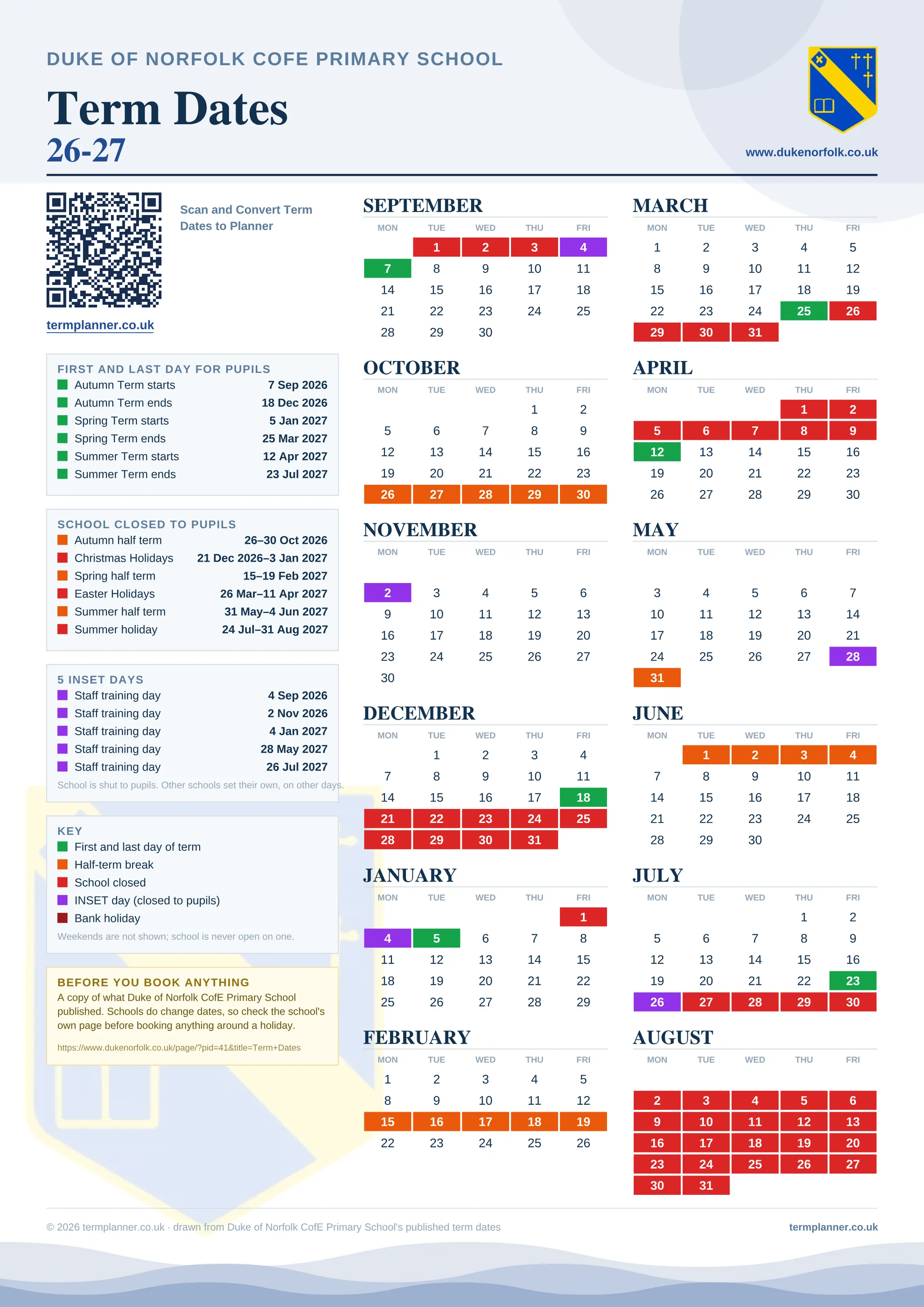 Duke of Norfolk CofE Primary School’s 2026/27 school year drawn as one sheet: twelve month grids from September to August, Monday to Friday, with autumn term 7 September to 18 December 2026, spring term 5 January to 25 March 2027, summer term 12 April to 23 July 2027. Half terms, holidays and bank holidays are filled in colour, the first and last day of each term is marked, 5 INSET days are picked out, and every date is listed again in words down the left.