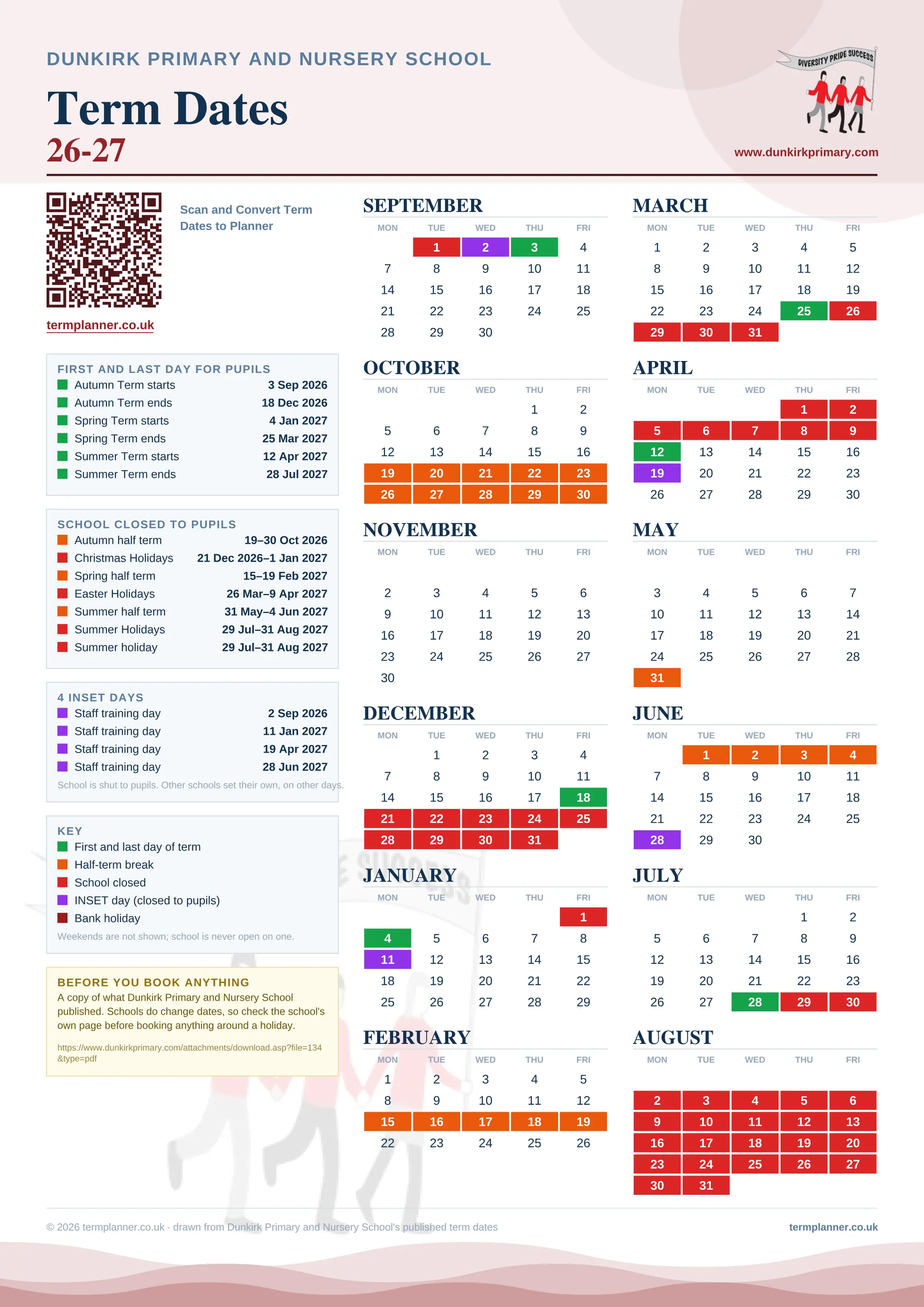 Dunkirk Primary and Nursery School’s 2026/27 school year drawn as one sheet: twelve month grids from September to August, Monday to Friday, with autumn term 3 September to 18 December 2026, spring term 4 January to 25 March 2027, summer term 12 April to 28 July 2027. Half terms, holidays and bank holidays are filled in colour, the first and last day of each term is marked, 4 INSET days are picked out, and every date is listed again in words down the left.
