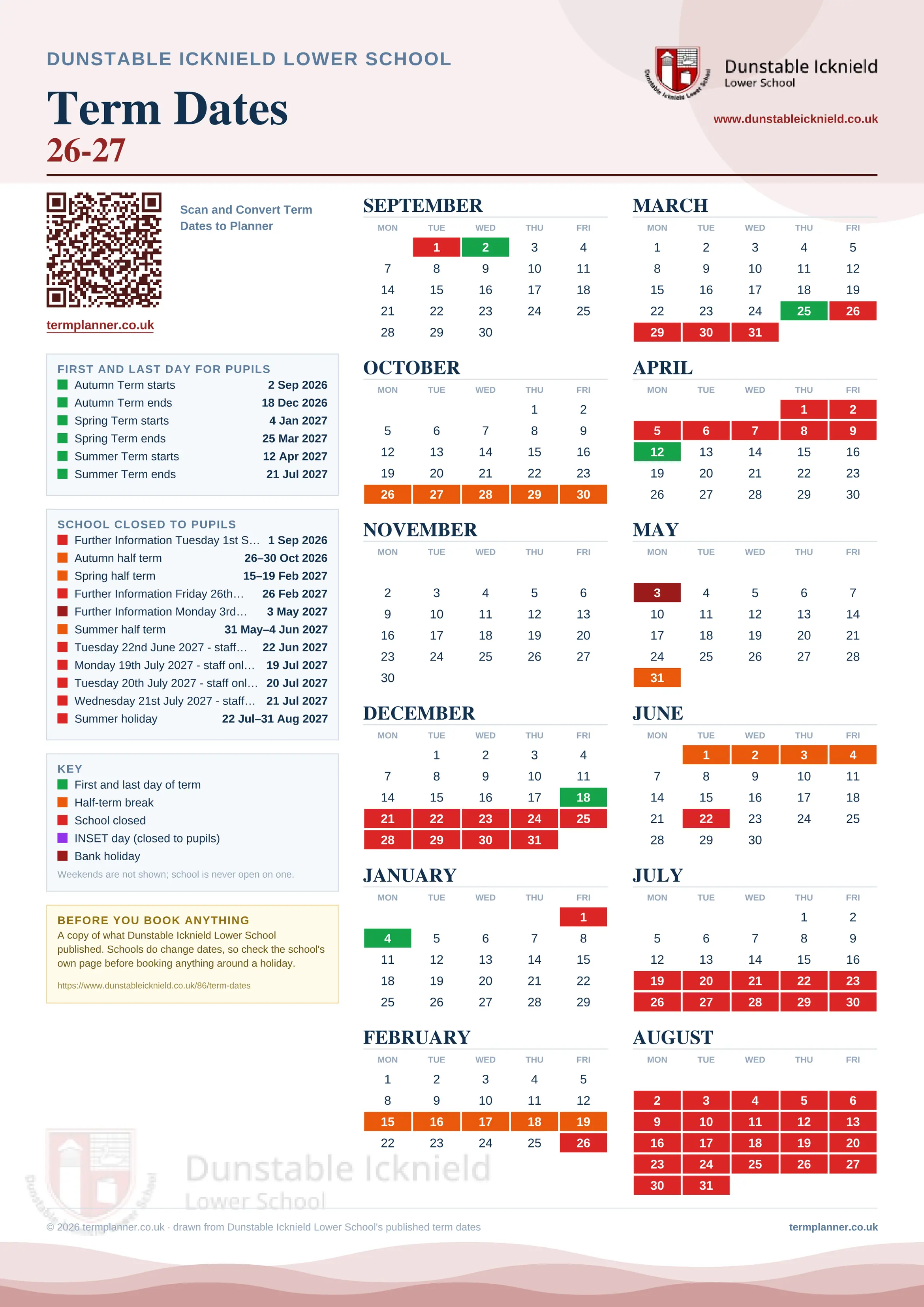 Dunstable Icknield Lower School’s 2026/27 school year drawn as one sheet: twelve month grids from September to August, Monday to Friday, with autumn term 2 September to 18 December 2026, spring term 4 January to 25 March 2027, summer term 12 April to 21 July 2027. Half terms, holidays and bank holidays are filled in colour, the first and last day of each term is marked, and every date is listed again in words down the left.