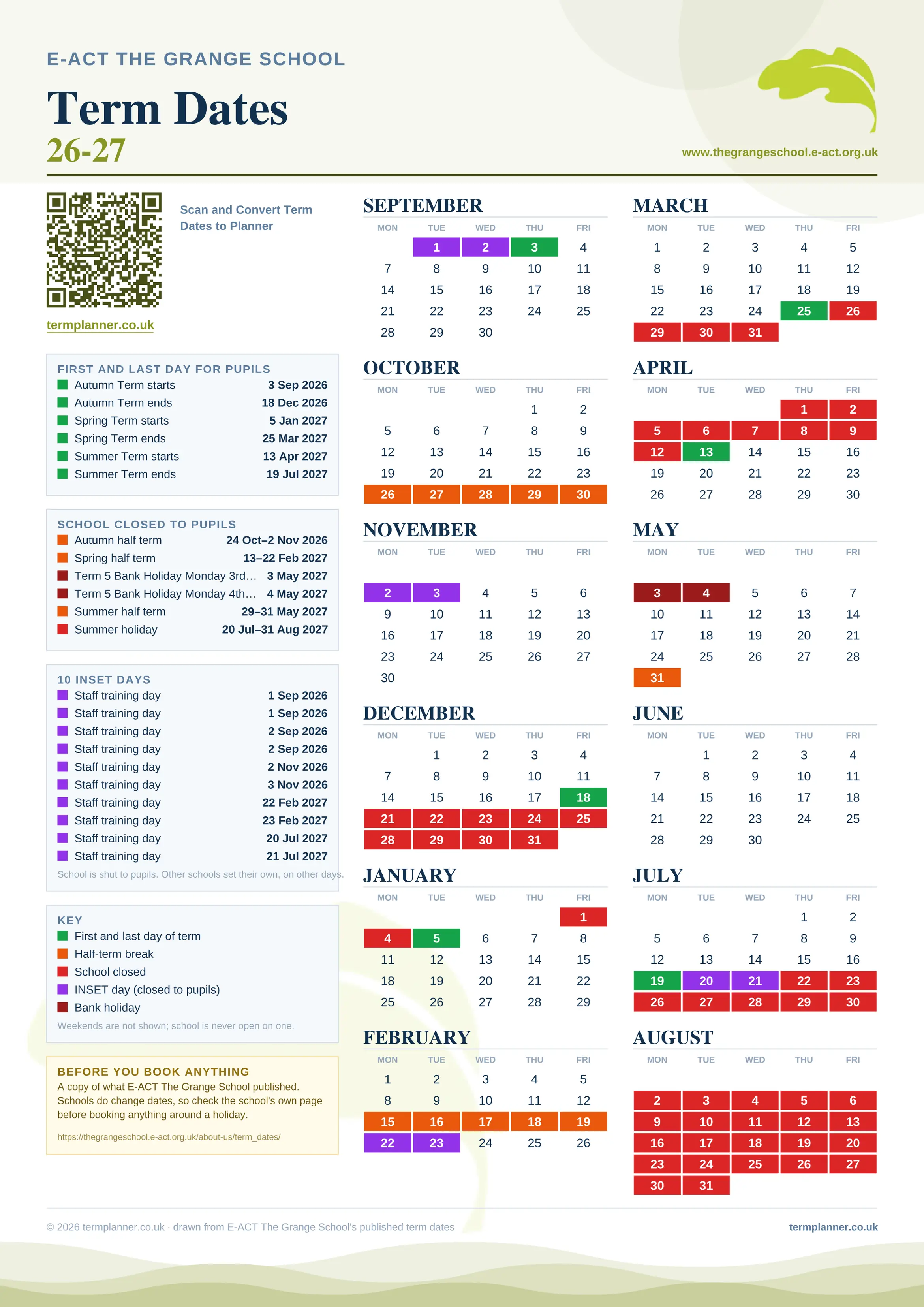 E-ACT The Grange School’s 2026/27 school year drawn as one sheet: twelve month grids from September to August, Monday to Friday, with autumn term 3 September to 18 December 2026, spring term 5 January to 25 March 2027, summer term 13 April to 19 July 2027. Half terms, holidays and bank holidays are filled in colour, the first and last day of each term is marked, 11 INSET days are picked out, and every date is listed again in words down the left.
