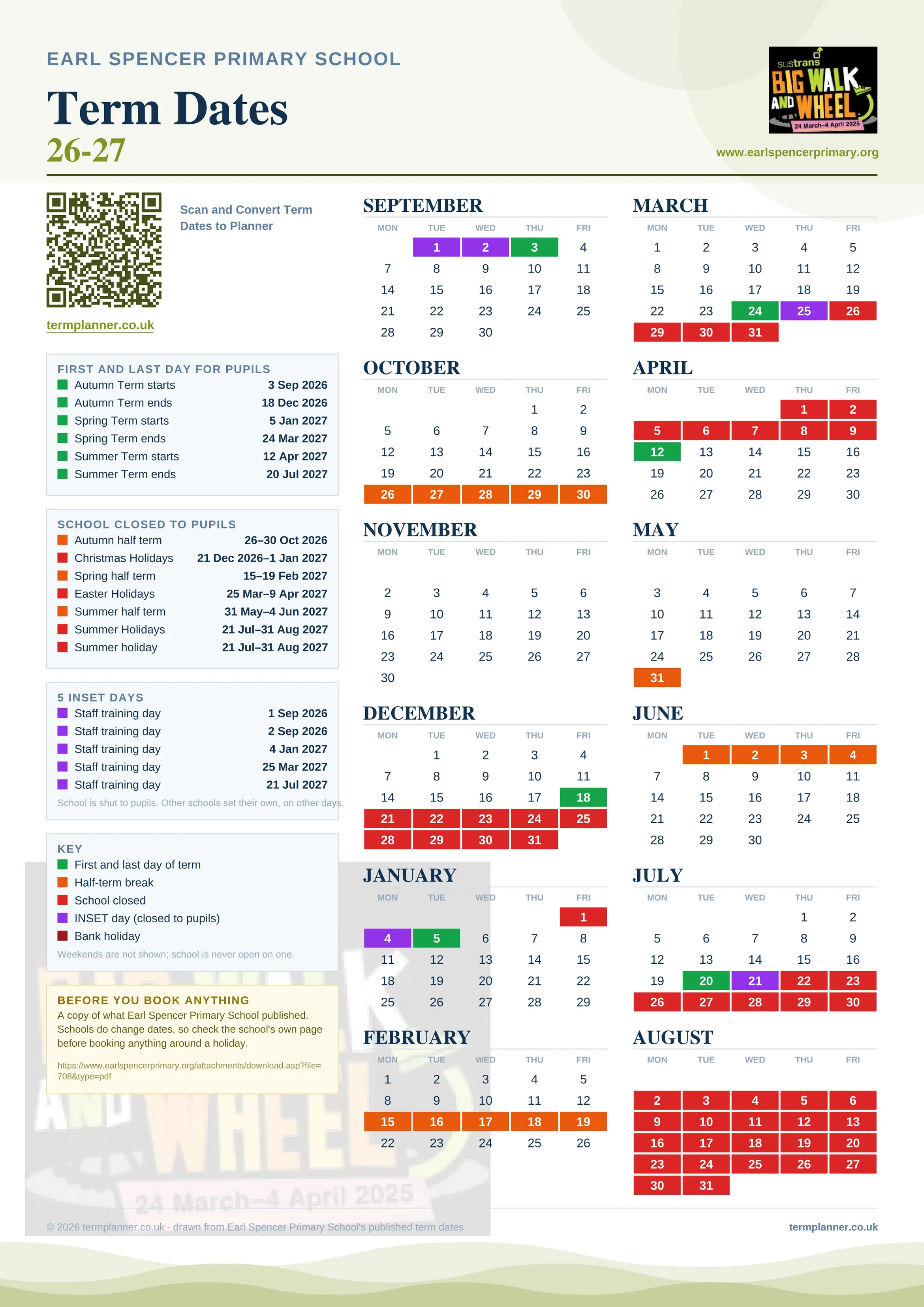 Earl Spencer Primary School’s 2026/27 school year drawn as one sheet: twelve month grids from September to August, Monday to Friday, with autumn term 3 September to 18 December 2026, spring term 5 January to 24 March 2027, summer term 12 April to 20 July 2027. Half terms, holidays and bank holidays are filled in colour, the first and last day of each term is marked, 5 INSET days are picked out, and every date is listed again in words down the left.