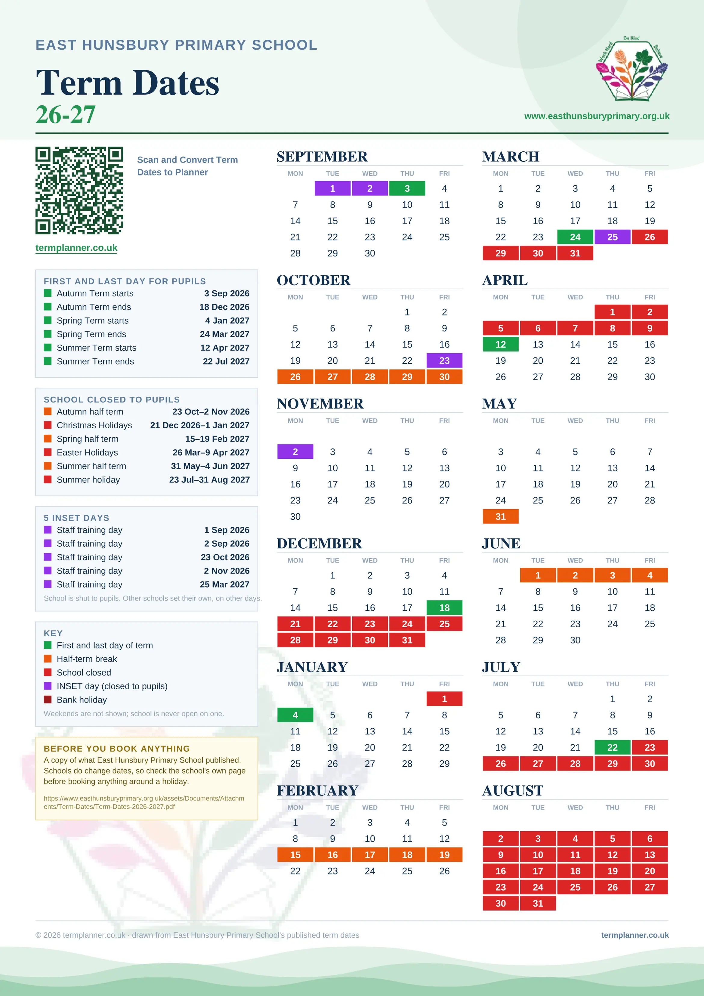 East Hunsbury Primary School’s 2026/27 school year drawn as one sheet: twelve month grids from September to August, Monday to Friday, with autumn term 3 September to 18 December 2026, spring term 4 January to 24 March 2027, summer term 12 April to 22 July 2027. Half terms, holidays and bank holidays are filled in colour, the first and last day of each term is marked, 5 INSET days are picked out, and every date is listed again in words down the left.