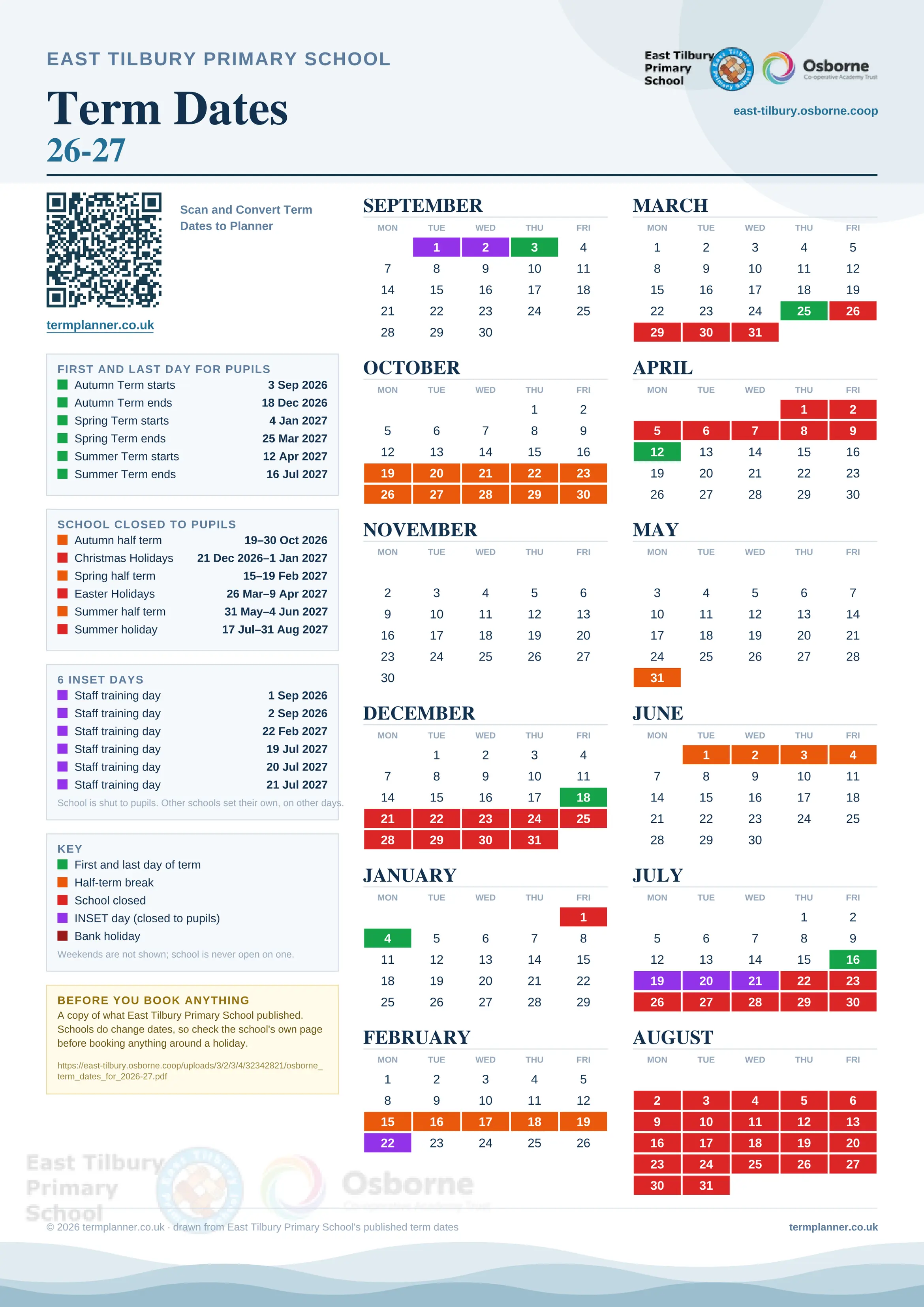 East Tilbury Primary School’s 2026/27 school year drawn as one sheet: twelve month grids from September to August, Monday to Friday, with autumn term 3 September to 18 December 2026, spring term 4 January to 25 March 2027, summer term 12 April to 16 July 2027. Half terms, holidays and bank holidays are filled in colour, the first and last day of each term is marked, 6 INSET days are picked out, and every date is listed again in words down the left.