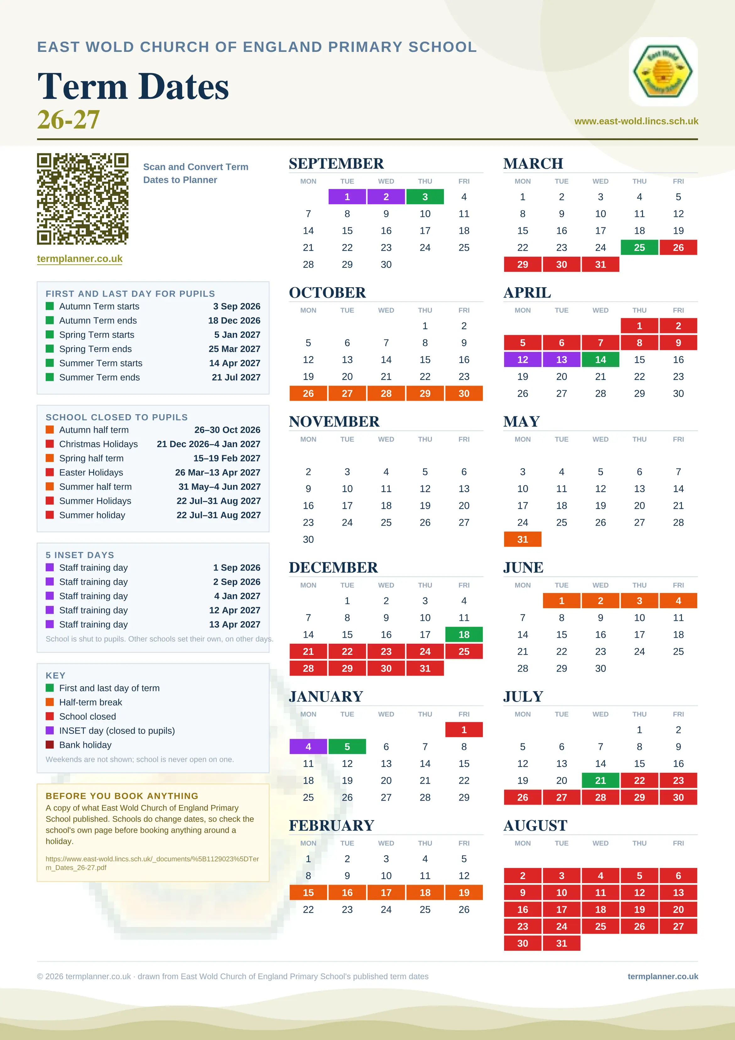 East Wold Church of England Primary School’s 2026/27 school year drawn as one sheet: twelve month grids from September to August, Monday to Friday, with autumn term 3 September to 18 December 2026, spring term 5 January to 25 March 2027, summer term 14 April to 21 July 2027. Half terms, holidays and bank holidays are filled in colour, the first and last day of each term is marked, 5 INSET days are picked out, and every date is listed again in words down the left.
