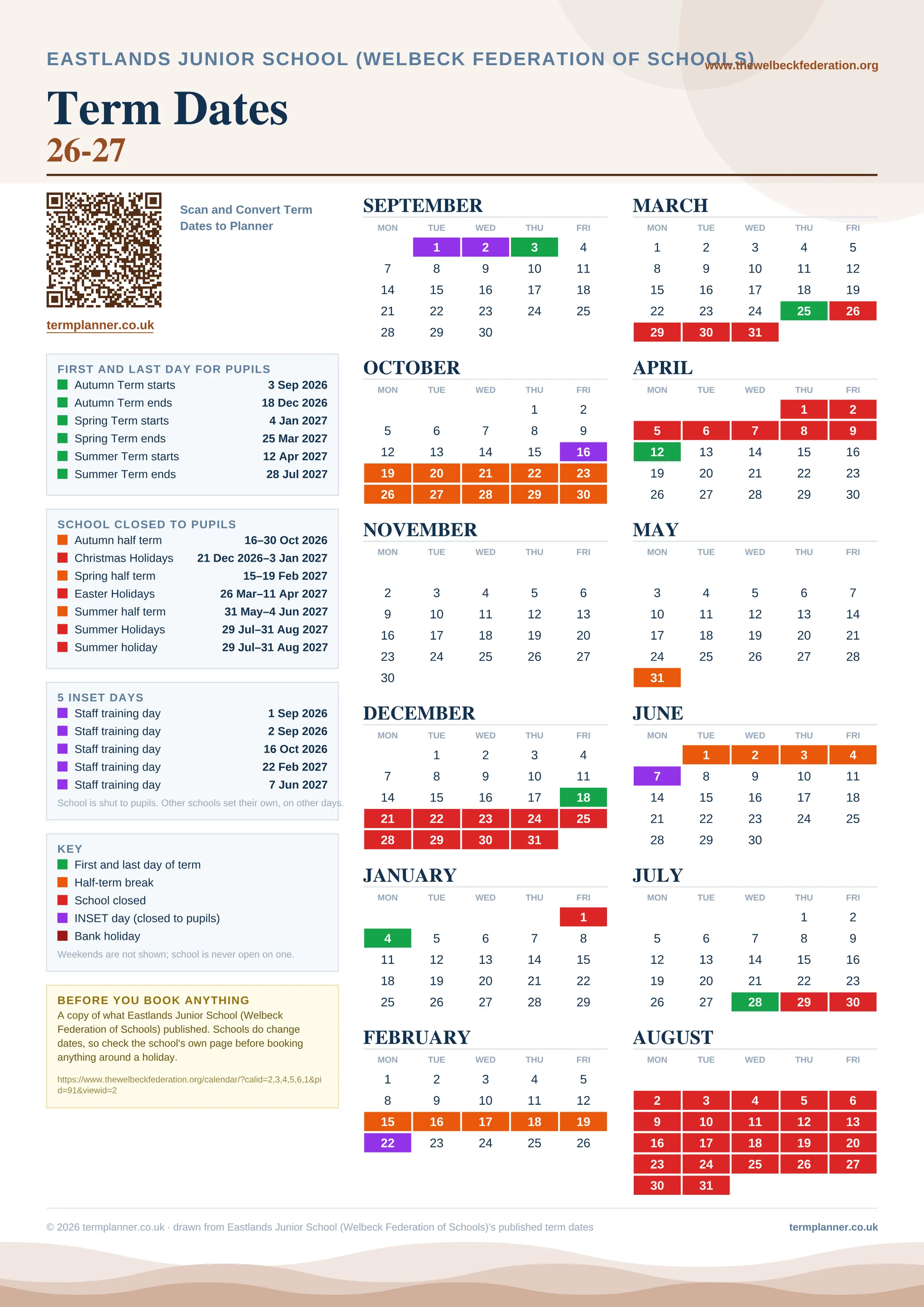 Eastlands Junior School (Welbeck Federation of Schools)’s 2026/27 school year drawn as one sheet: twelve month grids from September to August, Monday to Friday, with autumn term 3 September to 18 December 2026, spring term 4 January to 25 March 2027, summer term 12 April to 28 July 2027. Half terms, holidays and bank holidays are filled in colour, the first and last day of each term is marked, 5 INSET days are picked out, and every date is listed again in words down the left.