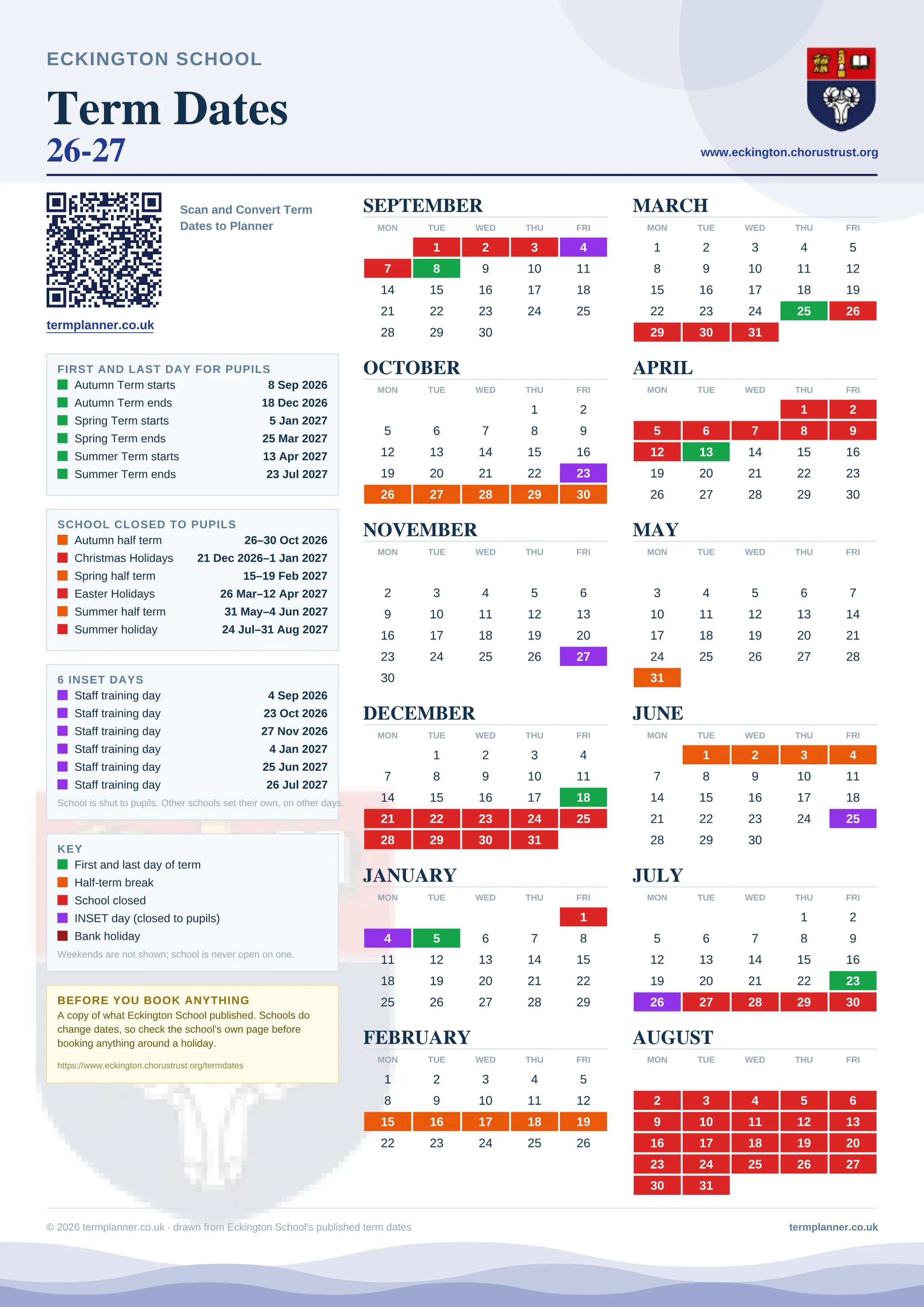 Eckington School’s 2026/27 school year drawn as one sheet: twelve month grids from September to August, Monday to Friday, with autumn term 8 September to 18 December 2026, spring term 5 January to 25 March 2027, summer term 13 April to 23 July 2027. Half terms, holidays and bank holidays are filled in colour, the first and last day of each term is marked, 6 INSET days are picked out, and every date is listed again in words down the left.