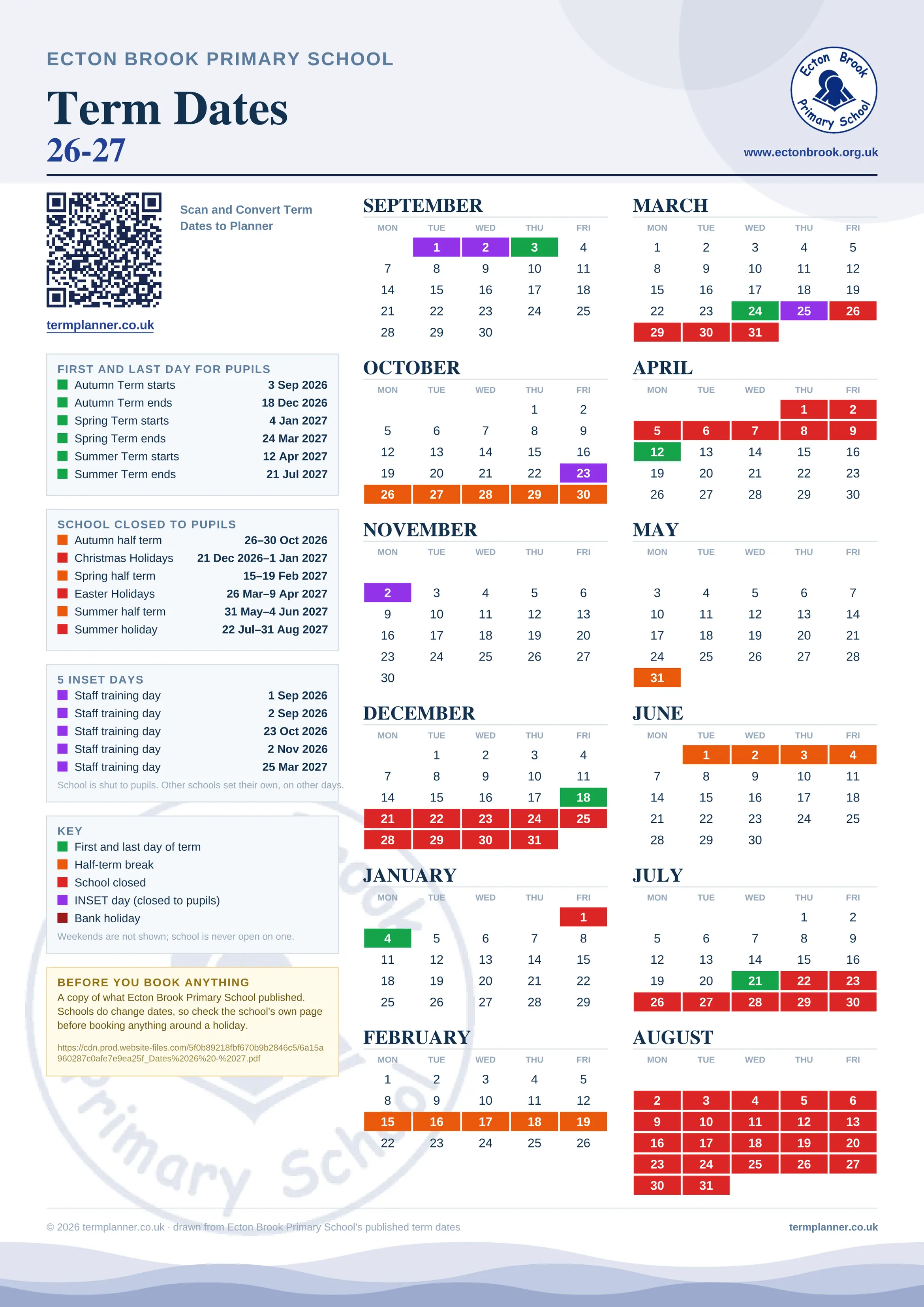 Ecton Brook Primary School’s 2026/27 school year drawn as one sheet: twelve month grids from September to August, Monday to Friday, with autumn term 3 September to 18 December 2026, spring term 4 January to 24 March 2027, summer term 12 April to 21 July 2027. Half terms, holidays and bank holidays are filled in colour, the first and last day of each term is marked, 5 INSET days are picked out, and every date is listed again in words down the left.