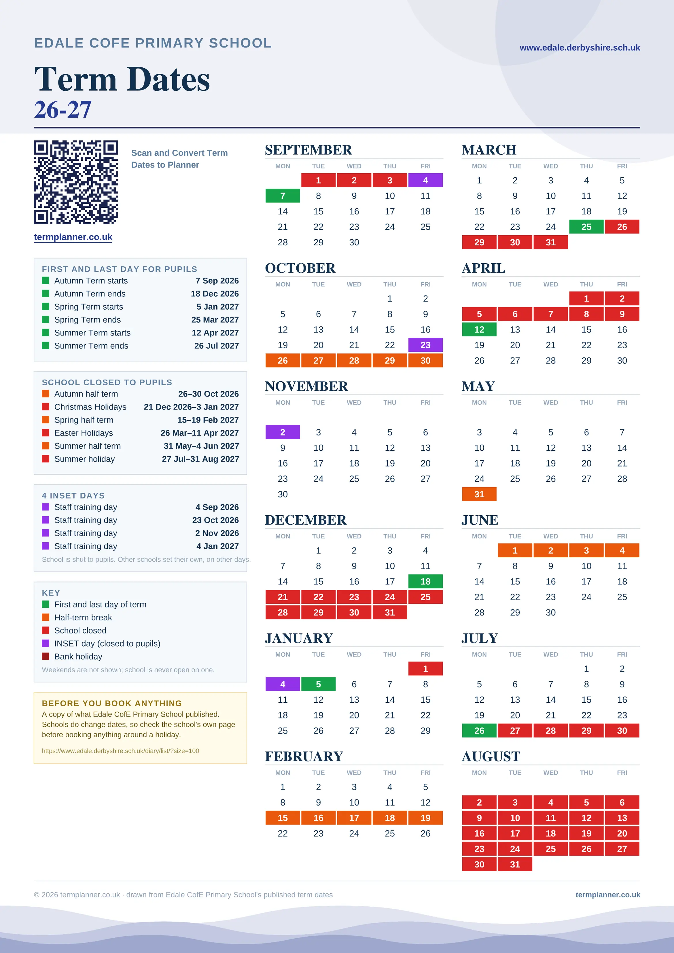 Edale CofE Primary School’s 2026/27 school year drawn as one sheet: twelve month grids from September to August, Monday to Friday, with autumn term 7 September to 18 December 2026, spring term 5 January to 25 March 2027, summer term 12 April to 26 July 2027. Half terms, holidays and bank holidays are filled in colour, the first and last day of each term is marked, 4 INSET days are picked out, and every date is listed again in words down the left.