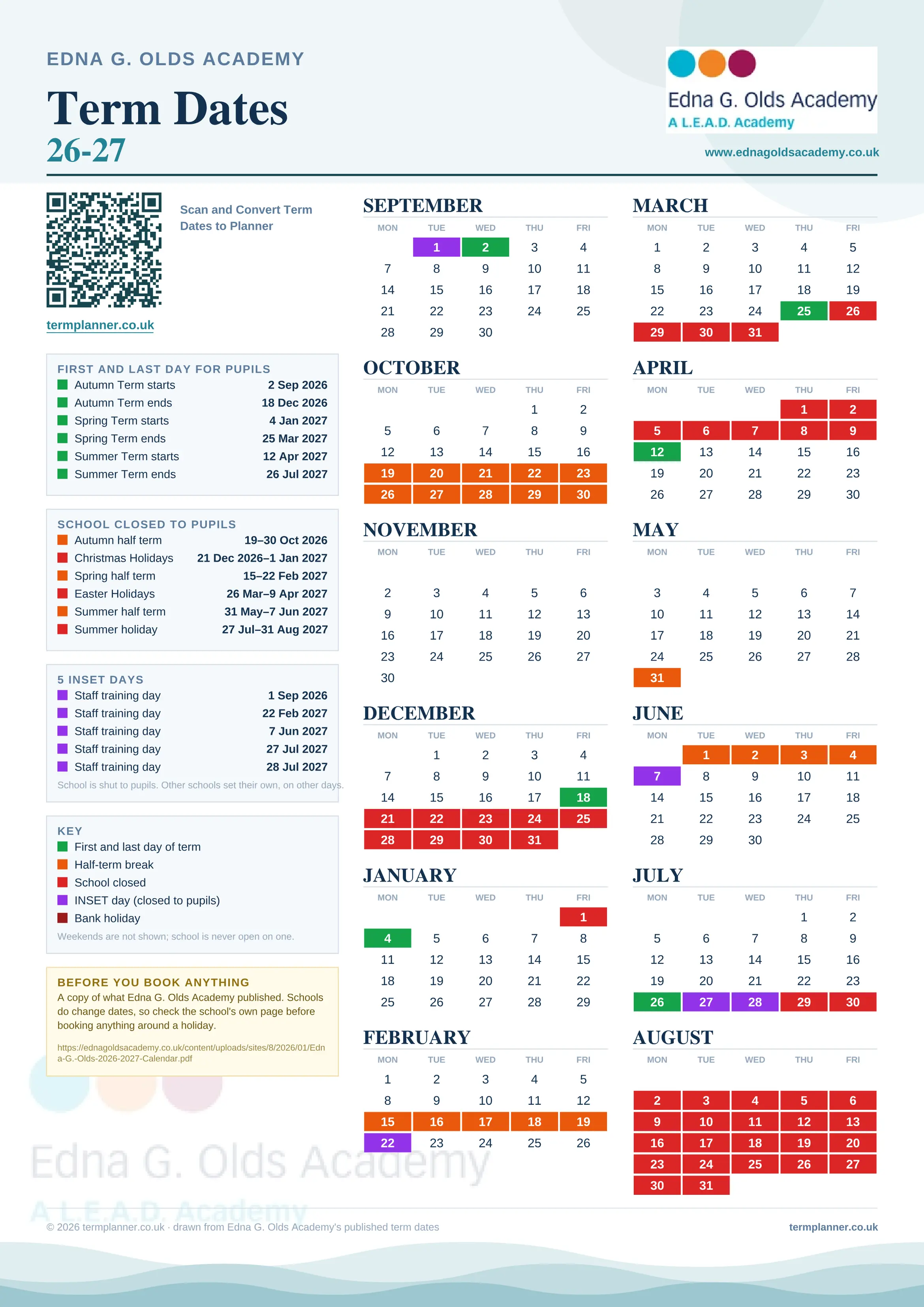 Edna G. Olds Academy’s 2026/27 school year drawn as one sheet: twelve month grids from September to August, Monday to Friday, with autumn term 2 September to 18 December 2026, spring term 4 January to 25 March 2027, summer term 12 April to 26 July 2027. Half terms, holidays and bank holidays are filled in colour, the first and last day of each term is marked, 5 INSET days are picked out, and every date is listed again in words down the left.