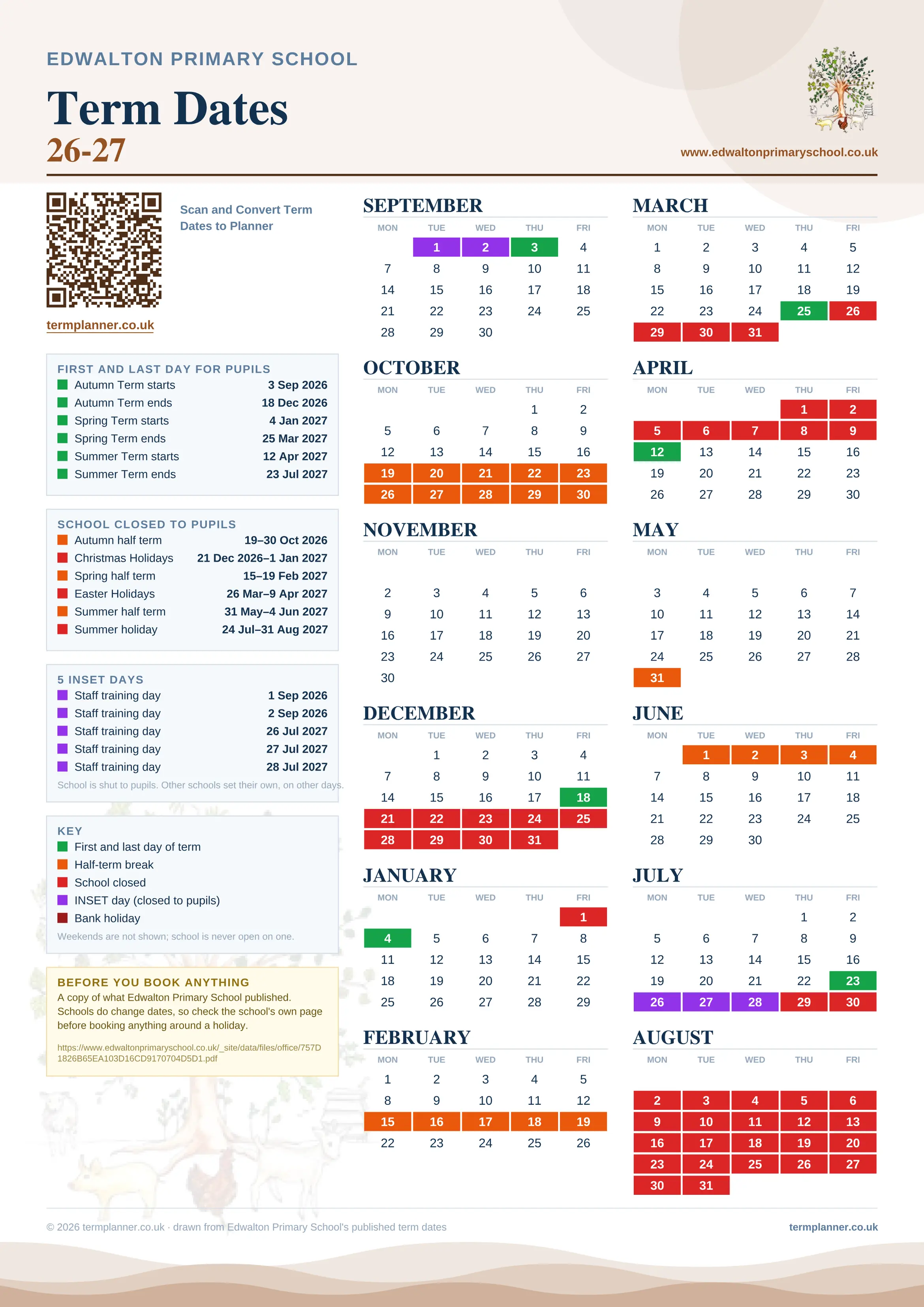 Edwalton Primary School’s 2026/27 school year drawn as one sheet: twelve month grids from September to August, Monday to Friday, with autumn term 3 September to 18 December 2026, spring term 4 January to 25 March 2027, summer term 12 April to 23 July 2027. Half terms, holidays and bank holidays are filled in colour, the first and last day of each term is marked, 5 INSET days are picked out, and every date is listed again in words down the left.
