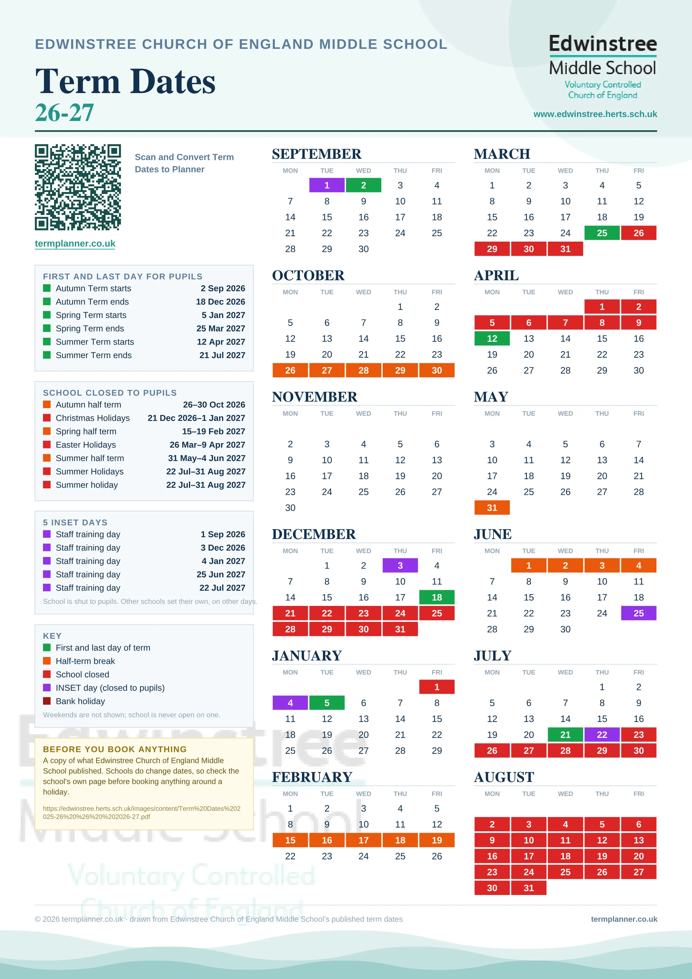 Edwinstree Church of England Middle School’s 2026/27 school year drawn as one sheet: twelve month grids from September to August, Monday to Friday, with autumn term 2 September to 18 December 2026, spring term 5 January to 25 March 2027, summer term 12 April to 21 July 2027. Half terms, holidays and bank holidays are filled in colour, the first and last day of each term is marked, 5 INSET days are picked out, and every date is listed again in words down the left.